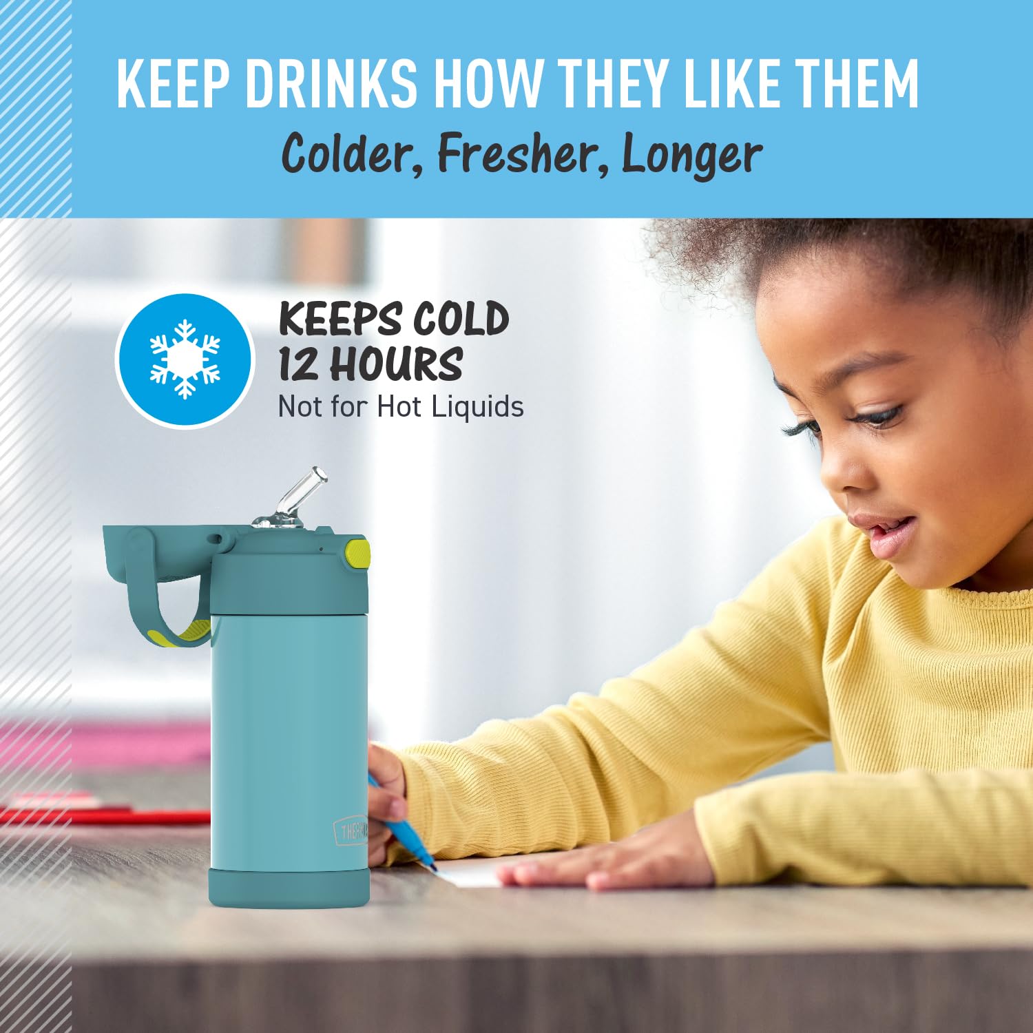 THERMOS FUNTAINER Water Bottle with Straw - 12 Ounce - Kids Stainless Steel Vacuum Insulated Water Bottle with Lid, Blue/Green