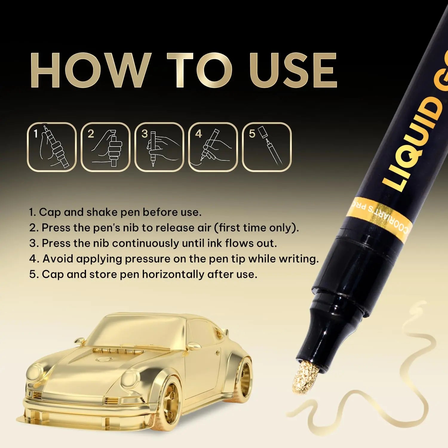 COORIART 3PK Permanent Mirror Chrome Gold Markers – Metallic Gold Paint Pens for Metal, Plastic, Fabric, Jewelry, Model Painting, Touch-Up and Repair Kit, Set of 3 Tips (0.7mm, 1mm, 3mm)