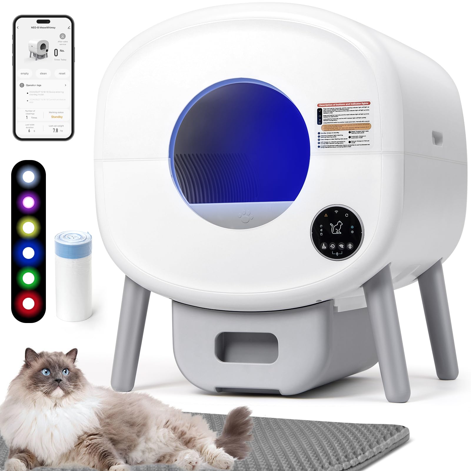 Self Cleaning Cat Litter Box: Extra Large Automatic Litter Box for Multiple Cats with Mat - Odor-Free Waste Disposal Cat Box with App Control Ambient Light