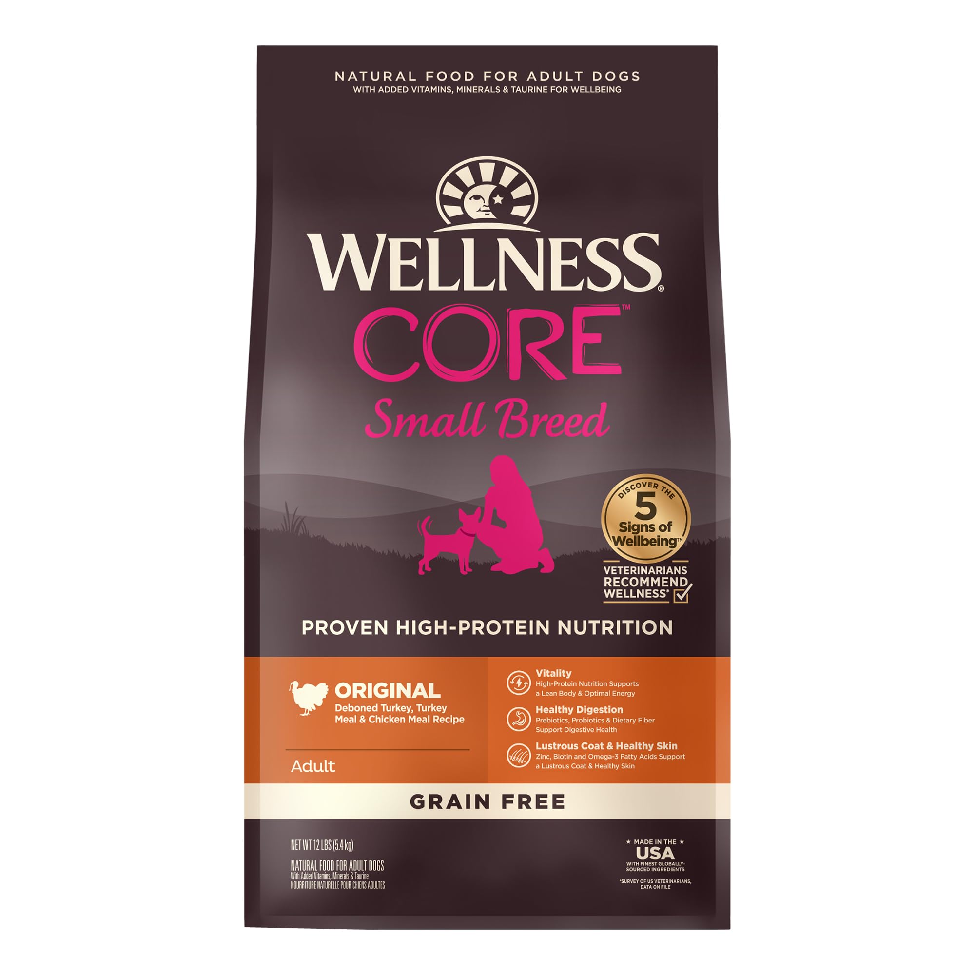 Wellness Natural Pet Food CORE Natural Grain-Free Small Breed Turkey & Chicken Dry Dog Food for Adult Dogs, High-Protein, USA-Made with Real Meat, 12-Pound Bag