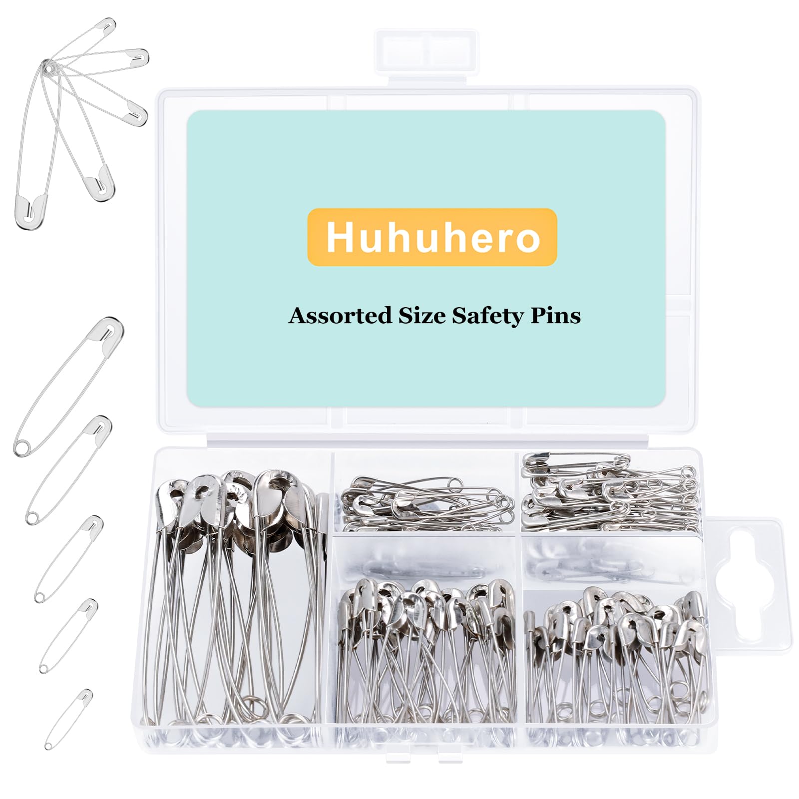 Huhuhero Safety Pins Assorted, 5 Different Sizes Small and Large Safety Pins, Safety Pins for Clothes Halloween Costume Pins Sewing, Nickel Plated Steel Pin Bulk, Arts and Crafts Supplies (Multicolor)