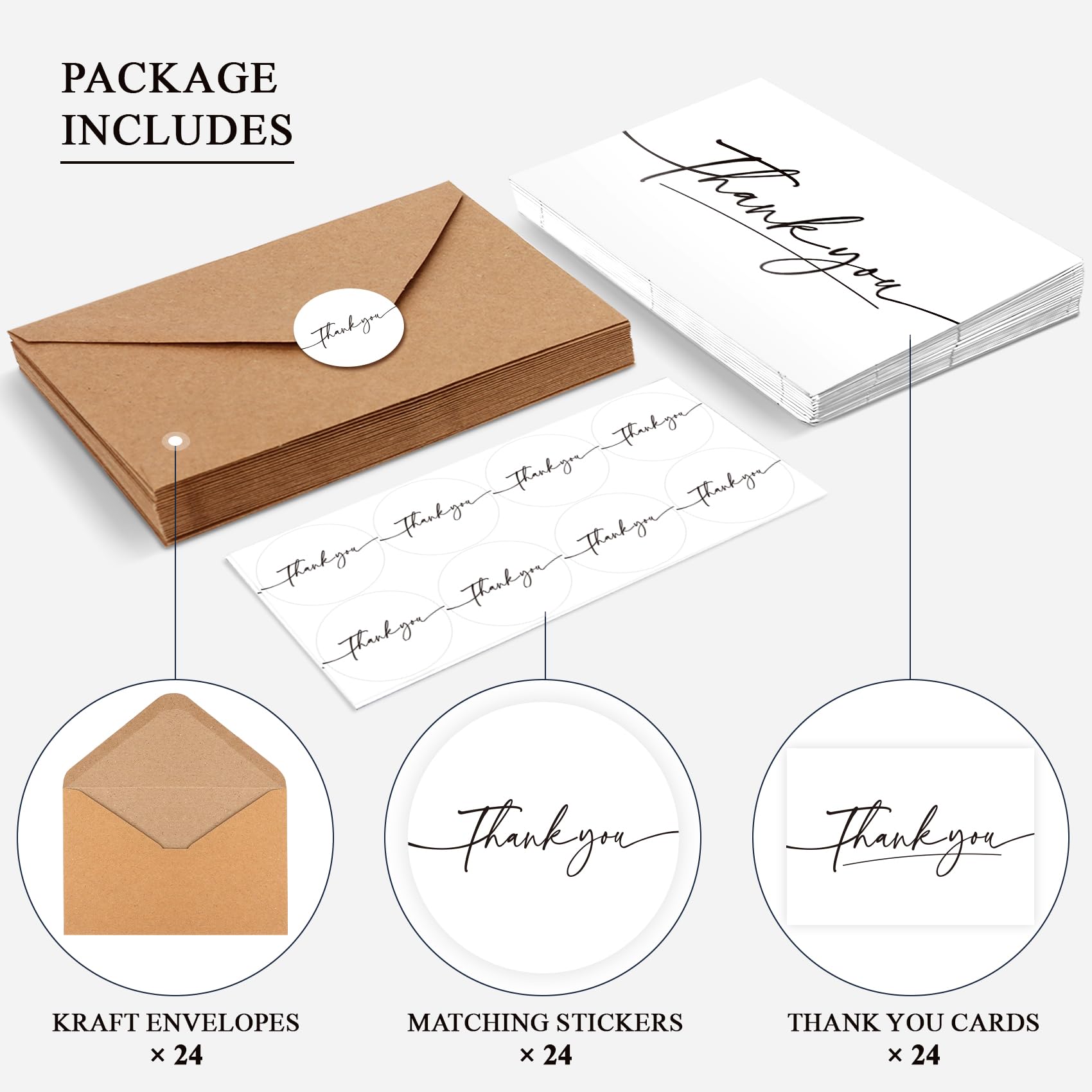 Thank You Cards With Envelopes 24 Pack, 4x6 Inch Thank You Cards Bulk with Elegant Design, Thank You Notes for Small Business, Wedding, Baby Shower, Graduation, Funeral, Bridal Shower - White