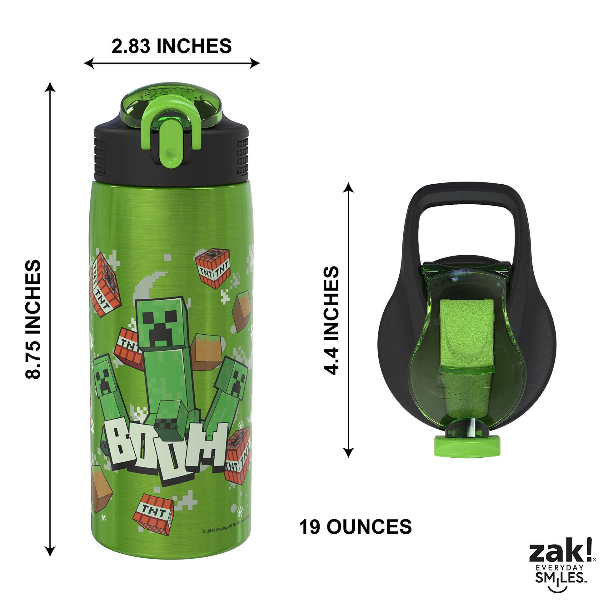Zak Designs Minecraft Water Bottle for Travel and At Home, 19 oz Vacuum Insulated Stainless Steel with Locking Spout Cover, Built-In Carrying Loop, Leak-Proof Design (Creeper)