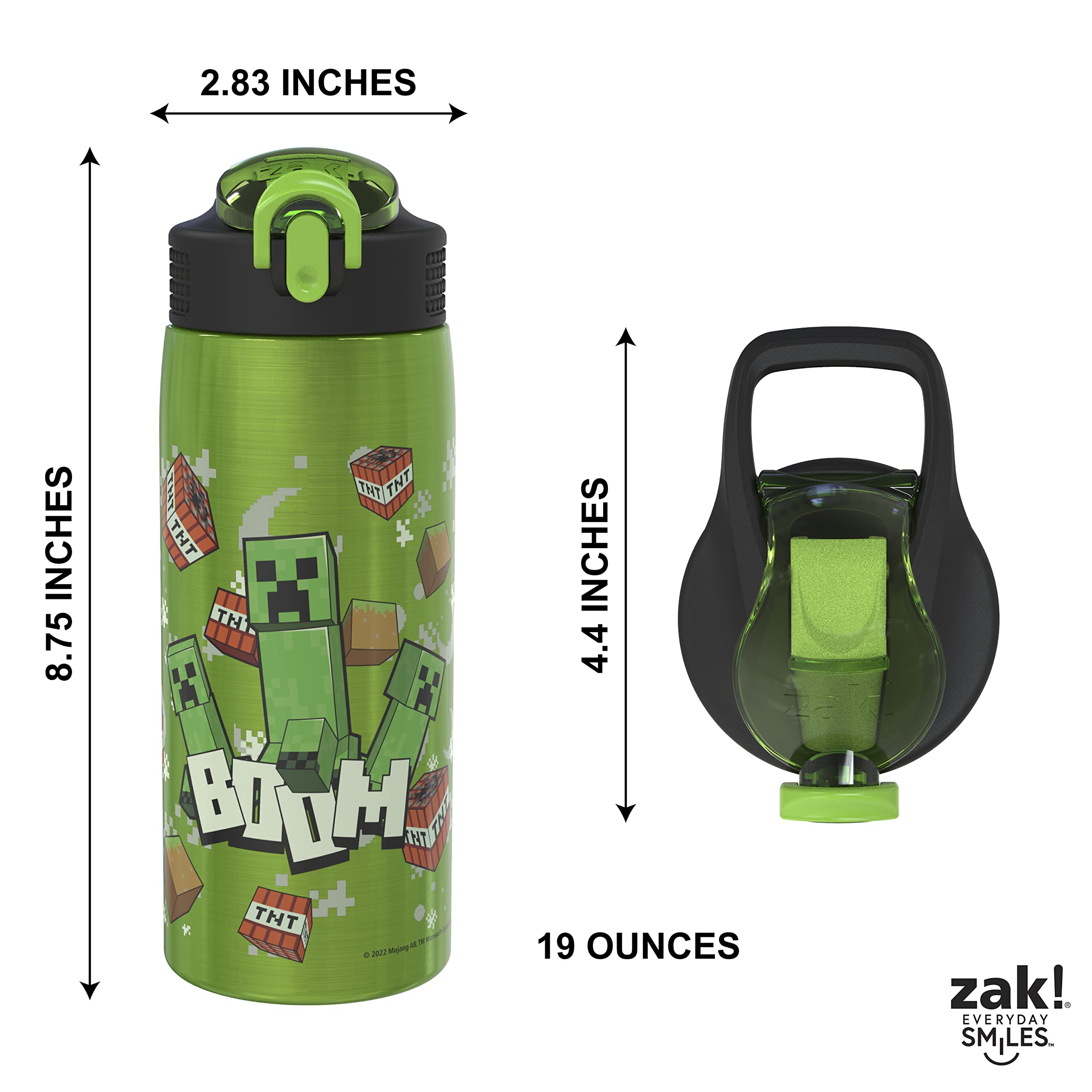 Zak Designs Minecraft Water Bottle for Travel and At Home, 19 oz Vacuum Insulated Stainless Steel with Locking Spout Cover, Built-In Carrying Loop, Leak-Proof Design (Creeper)