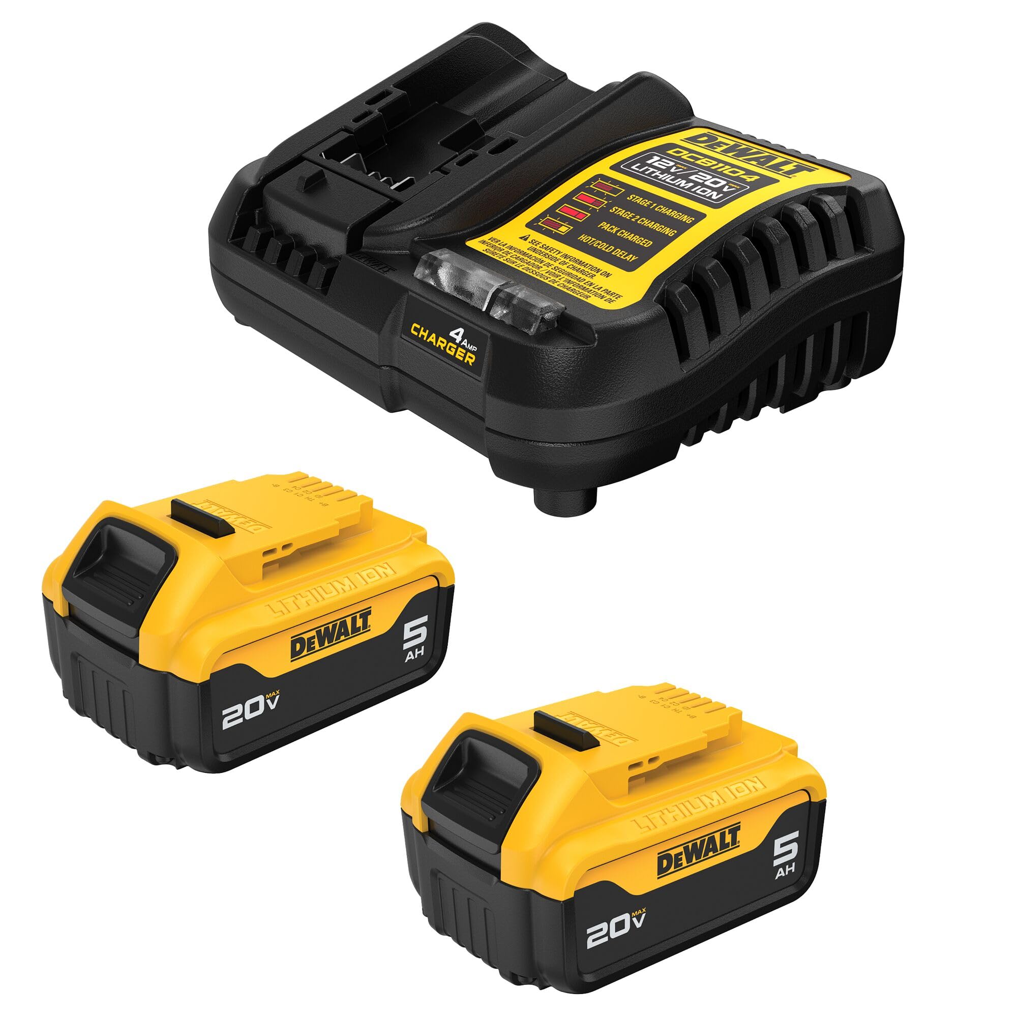 بطارية وشاحن ليثيوم أيون 20 فولت ماكس من DEWALT، حزمة من قطعتين، 5.0 أمبير في الساعة، مجموعة بطارية للمبتدئين (DCB205-2c)