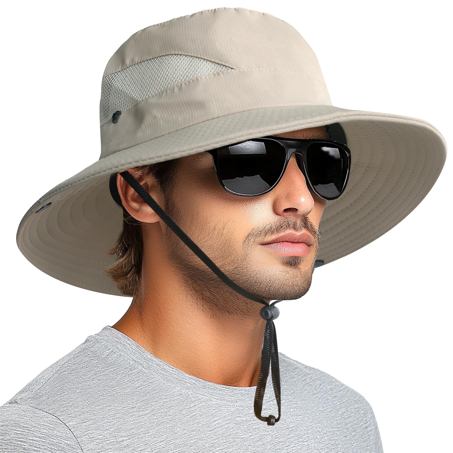PFFY Sun Bucket Hat for Men 3” Wide Brim UPF 50+ Bucket Fishing & Beach Hats Beige