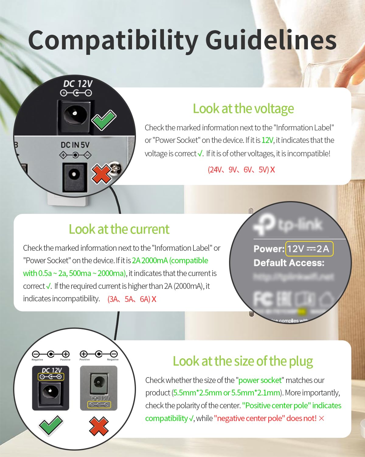 12V 2A Power Supply AC Adapter Replacement with 8 Tips, Regulated 12 Volts 2000mA Cord Charger for LED Strip Light, CCTV Camera, GPS, Webcam, Router, BT Speaker DC12V Transformer (6ft)