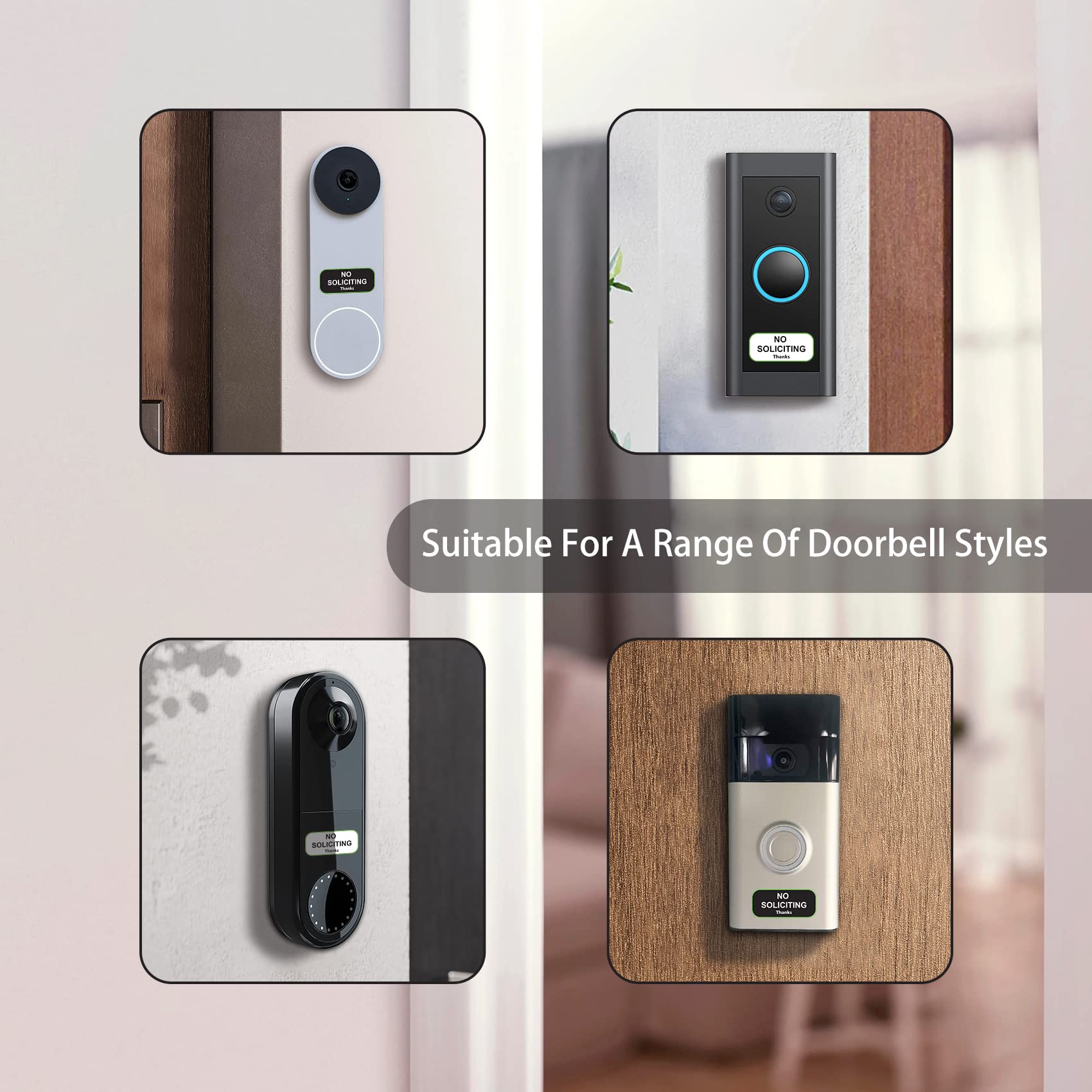 Small No Soliciting Sign for House,1x0.5 Inches Compatible with Most Doorbells,Weatherproof and Sturdy - Easy to Install (3 black and 3 white)