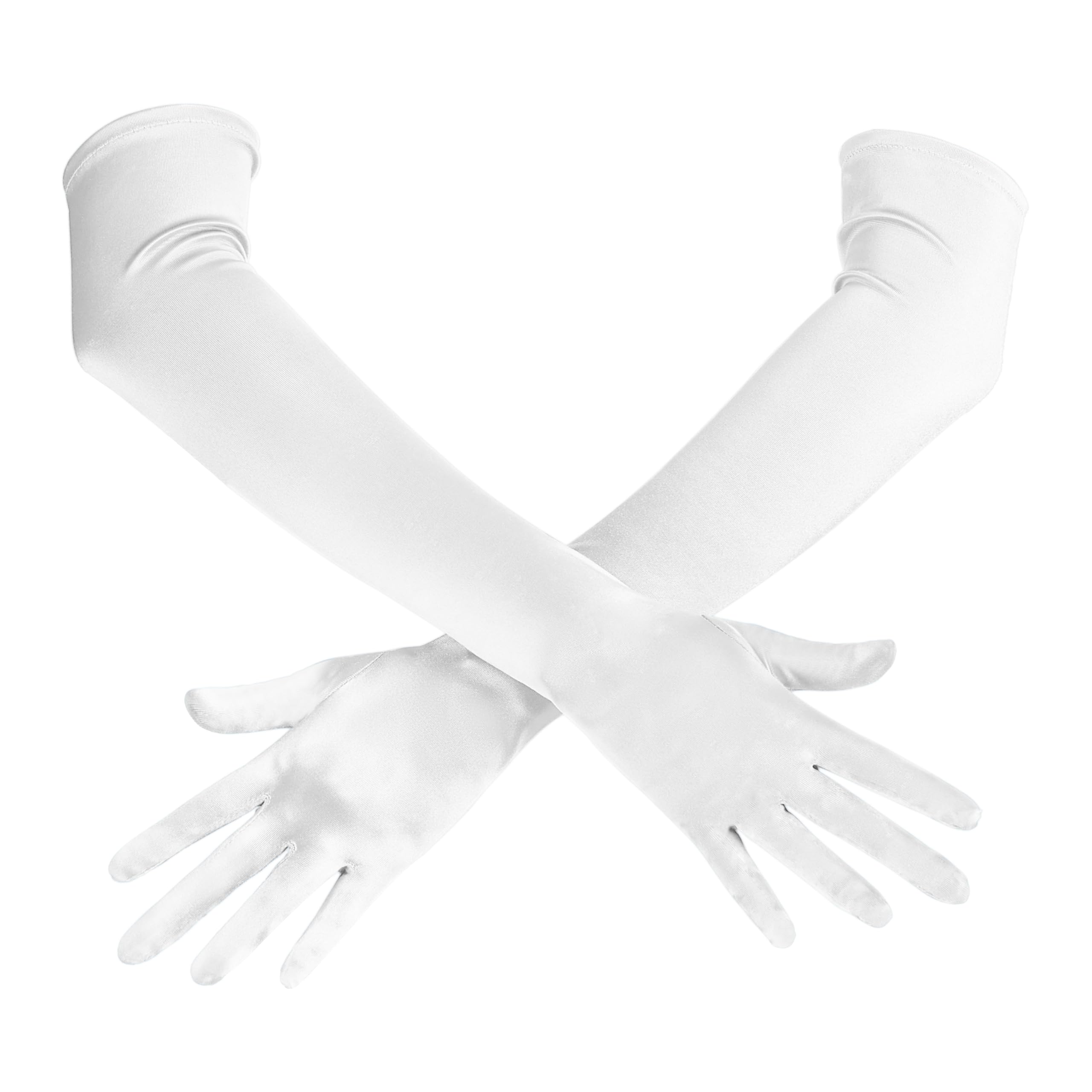 Spooktacular Creations Long Opera Party Gloves 20s Satin Dress White Gloves for Women, Silk Gloves Stretchy Adult Size Elbow Length Gloves