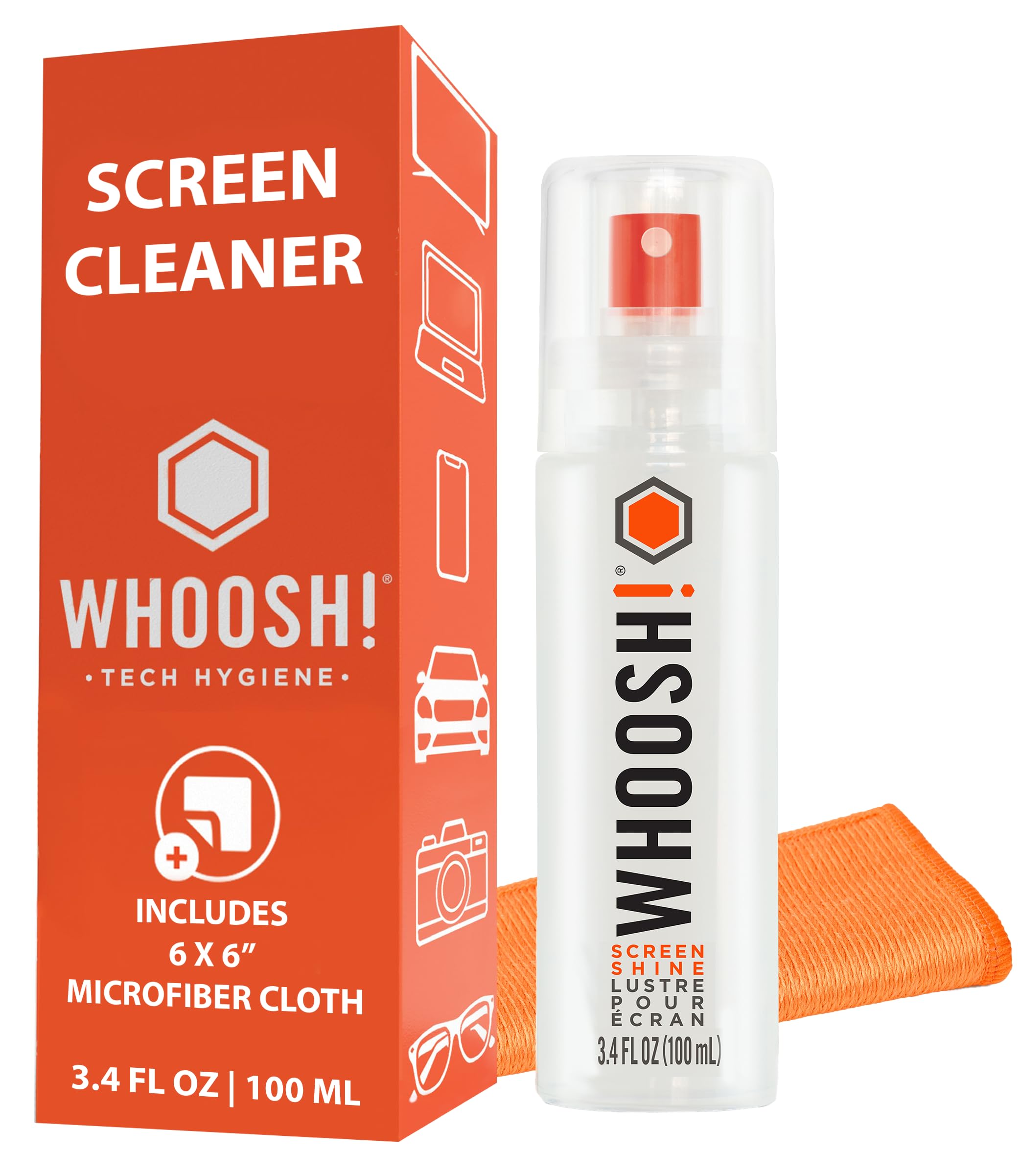 WHOOSH! Screen Cleaner Spray and Wipe - 3.4 fl oz + 1 Microfiber Cloth Wipes - Travel Size Electronic Cleaner for Car, Computer, Laptop, iPad, MacBook, Phone, Watch, Eyeglass - Lens Cleaner Kit