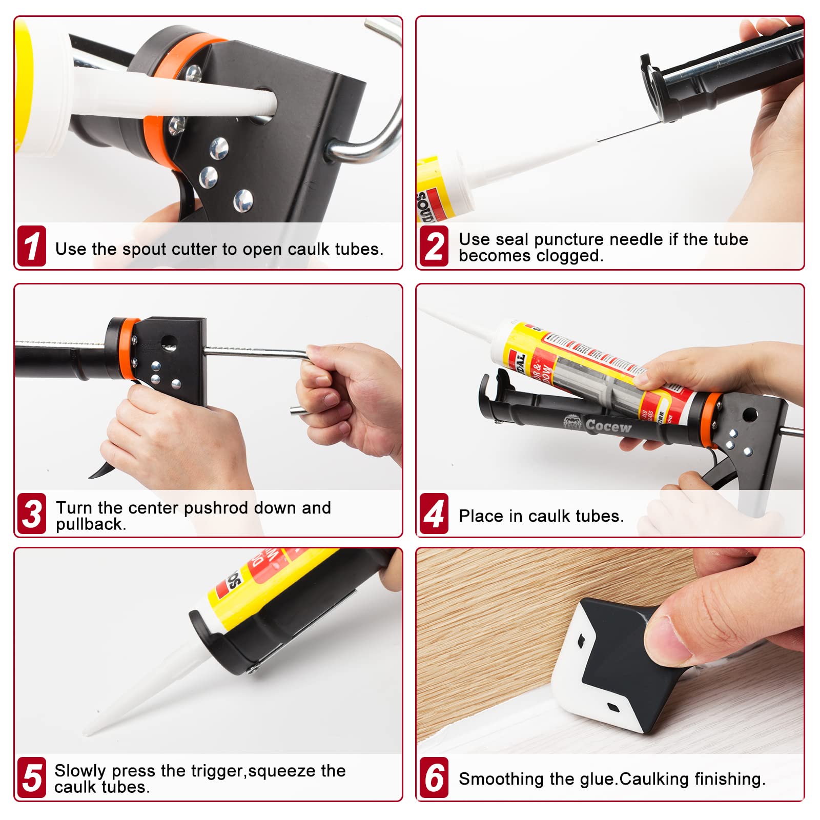 Cocew Caulk Gun Kit, Smooth Silicone Caulking Gun and Caulk Remover Tool, Sealant Finishing Tool Grout Scraper for Kitchen Bathroom Window Sink Joint, All in One with Gift Box