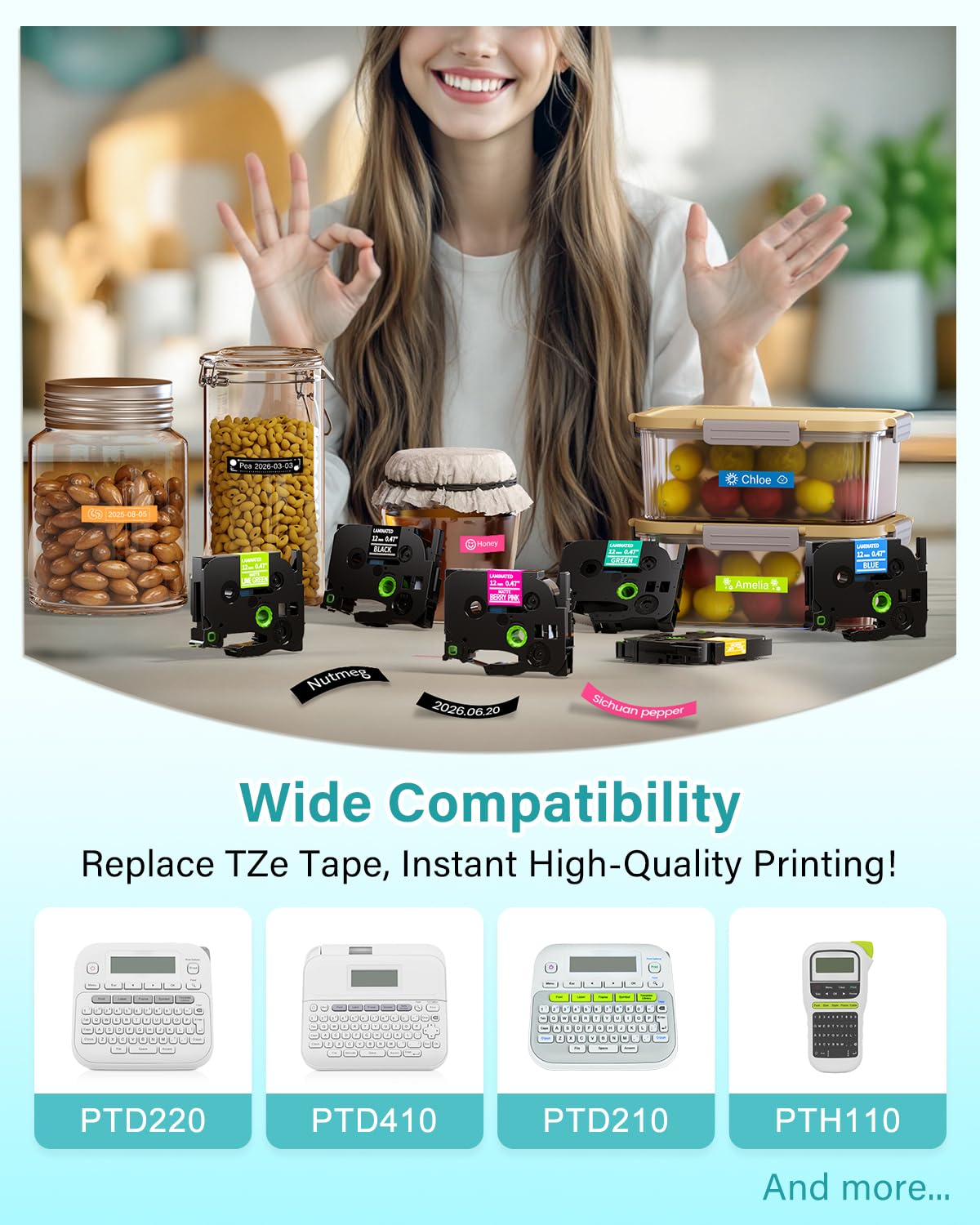Colorty Replacement for Brother P-Touch Label Maker Tape TZe 12mm 0.47 Ribbon Laminated TZ Colored Refills Compatible with Brother P Touch PT-D210 D220 H110 1000 1280 D400 Cube, 1/2" x 26.2', 6 Pack