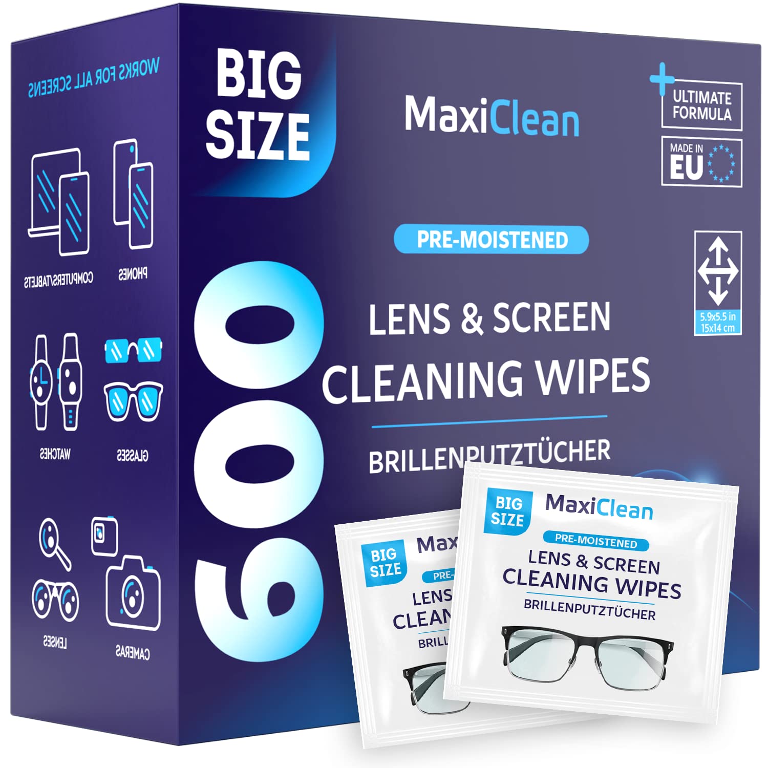Glasses Wipes Lens Cleaner - Lens Wipes for Eyeglasses - 600 Pre-moistened Individually Wrapped Wipes for Eye Glasses, Electronics, Phone, Computer, Laptop Screen - Camera Lens Cleaner - Made in EU