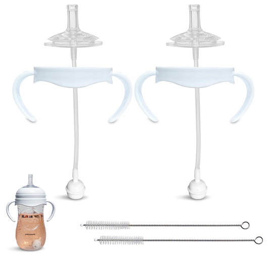 Straw Cup Conversion Kit for Philips Avent Natural Baby Bottle 2-Count | Soft Silicone Straw Top Nipples, Weighted Any Angle Straw Ball, Bottle Handles and Straw Cleaning Brush | 6+ months (Straw Top)