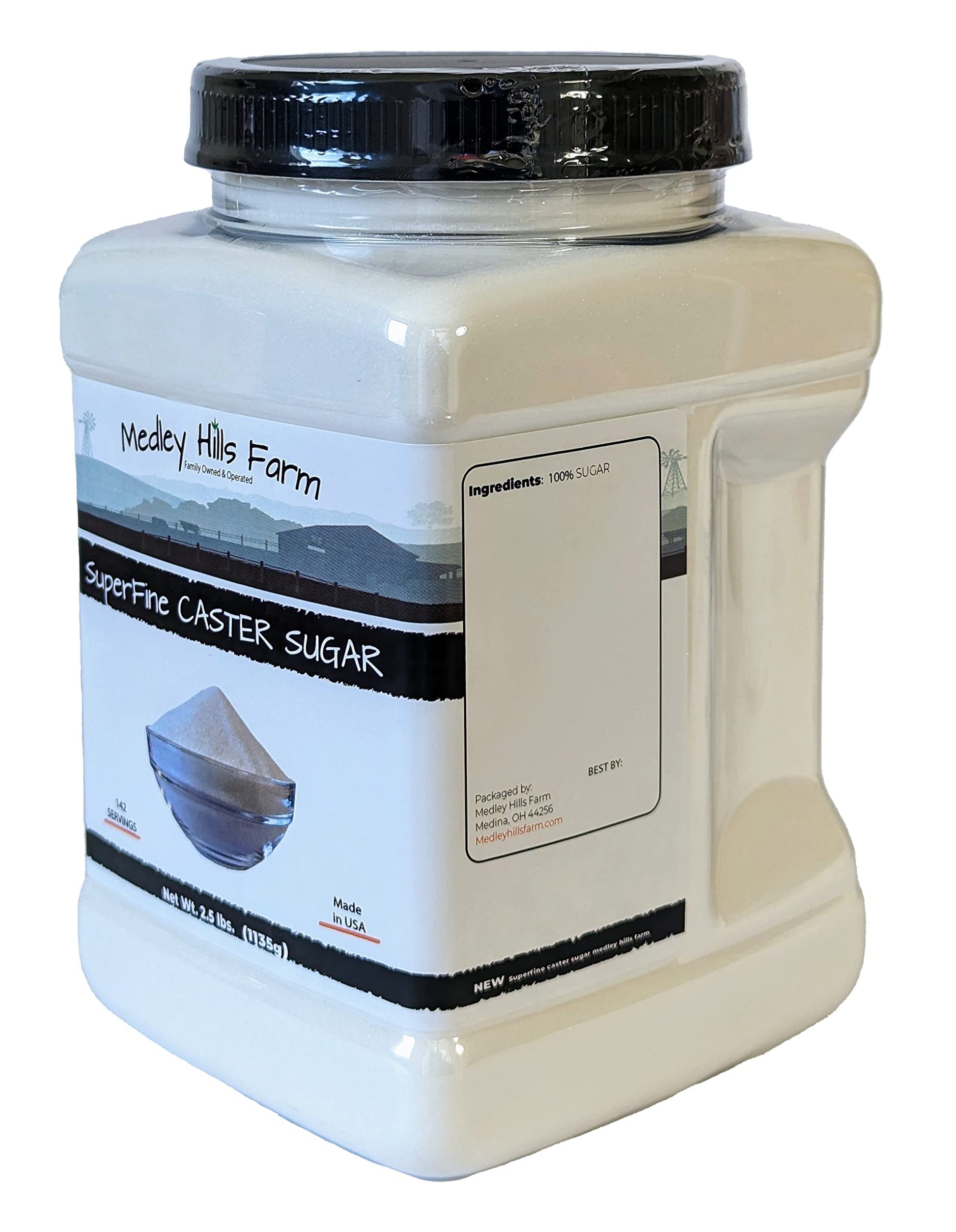 Superfine Caster Sugar By Medley Hills Farm in Reusable Container 2.5 lbs. - superfine sugar for baking of homemade treats, icing sugar, cakes - Product of USA