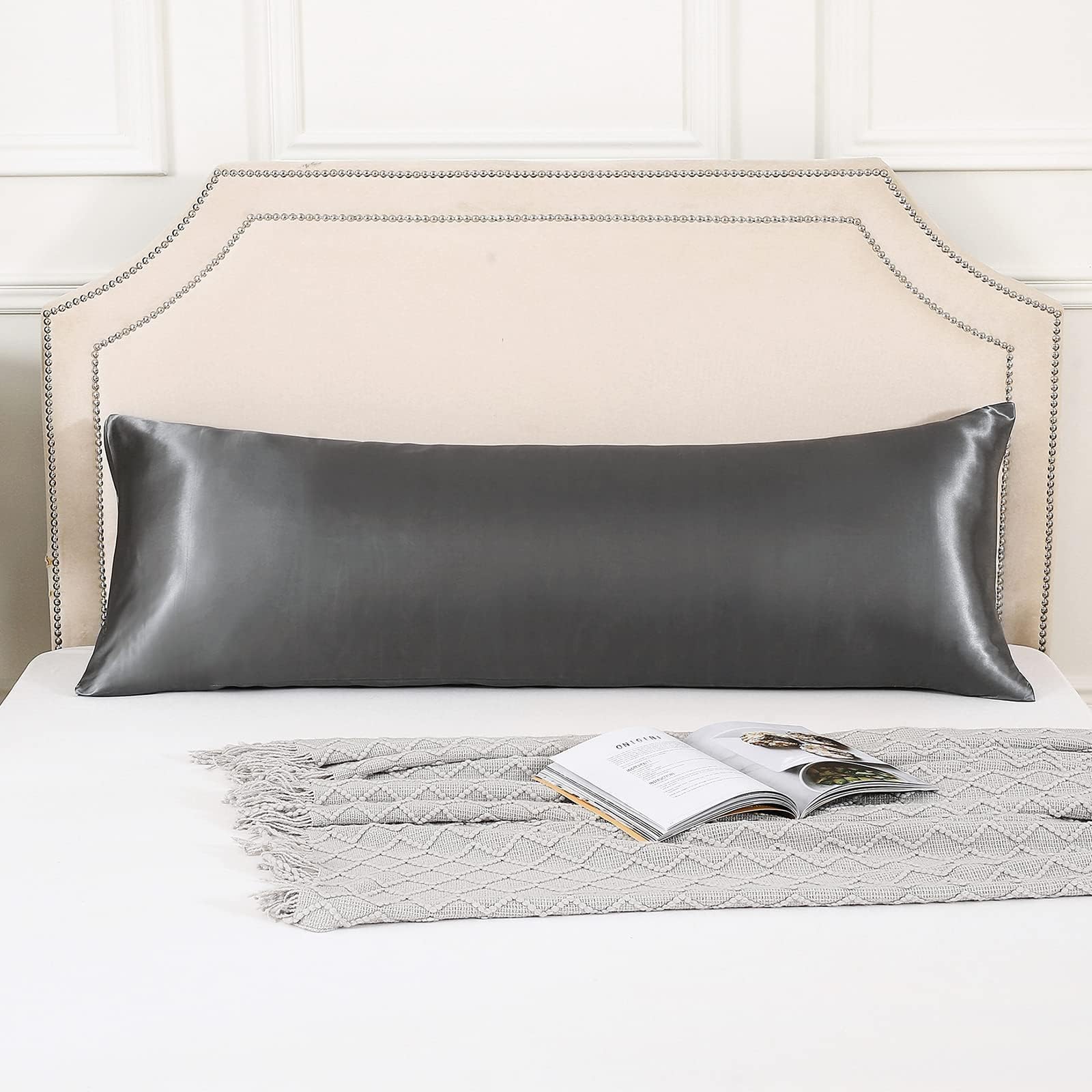 HUXMEYSON Body Pillow with Satin Pillowcase, Cooling Body Pillow for Adults, Removable Cover, Grey (20"x54")