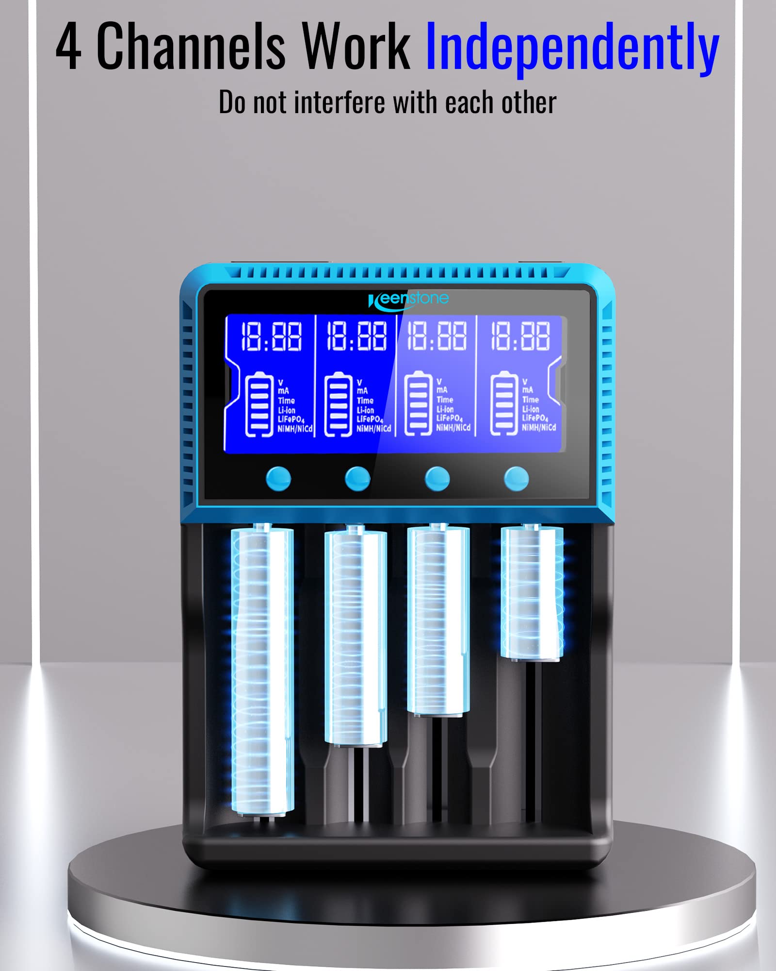 Keenstone 18650 Battery Charger, Smart Universal Charger LCD Display for Rechargeable Batteries Ni-MH Ni-Cd AA AAA Li-ion LiFePO4 IMR 10440 14500 16340 RCR123A 26650