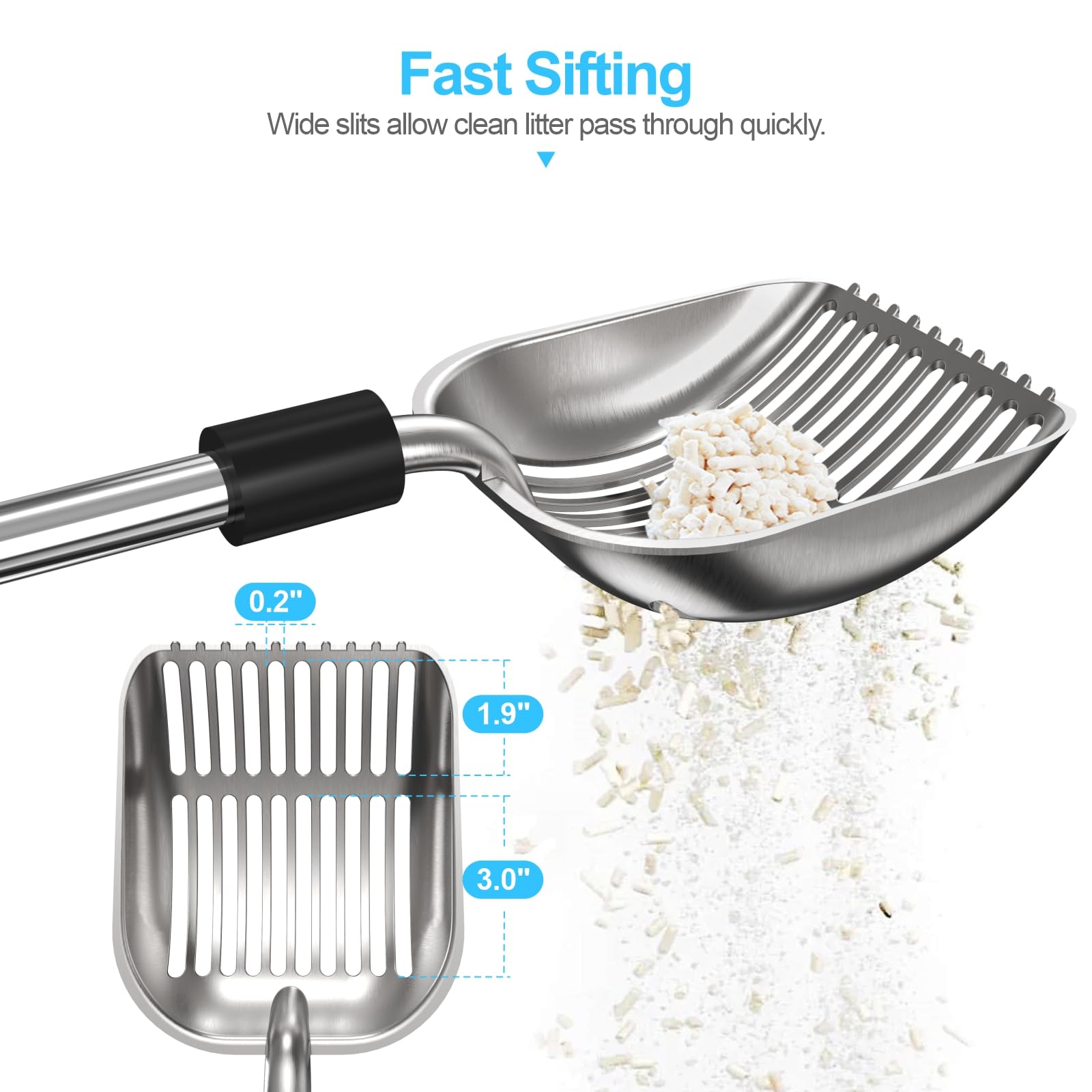 Depets Cat Litter Scoop, Metal Litter Scooper with Deep Shovel, Detachable Long Handle Cat Litter Sifter with Holder, Large Durable Cat Litter Shovel with Foam Pad Grip for Easy Sifting