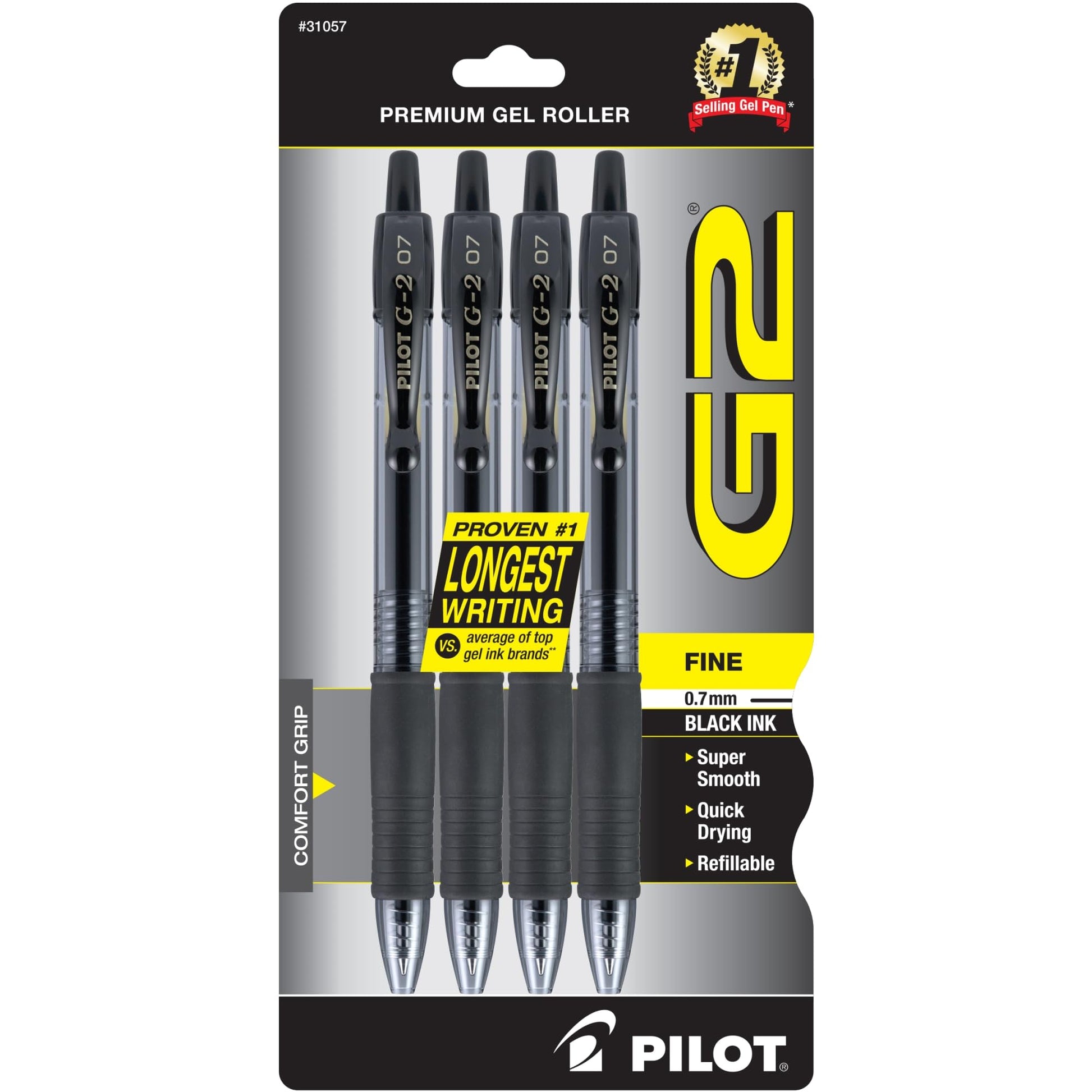 Pilot, G2 Premium Gel Roller Pens, Fine Point 0.7 mm, Black, Blue, Red, Green, Pack of 4