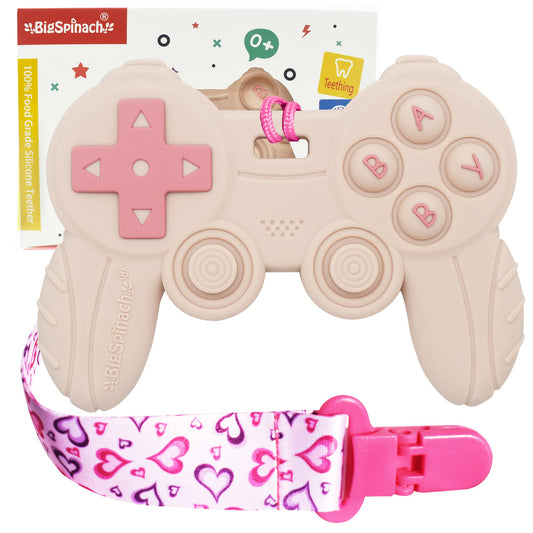 Cool Remote Game Control Teething Toy for Babies 0-6 6-12 Months,Game Controller Teether for Gamer Parents,Baby's First Valentines Day Gifts,Silicone Remote Chew Toys（Pink