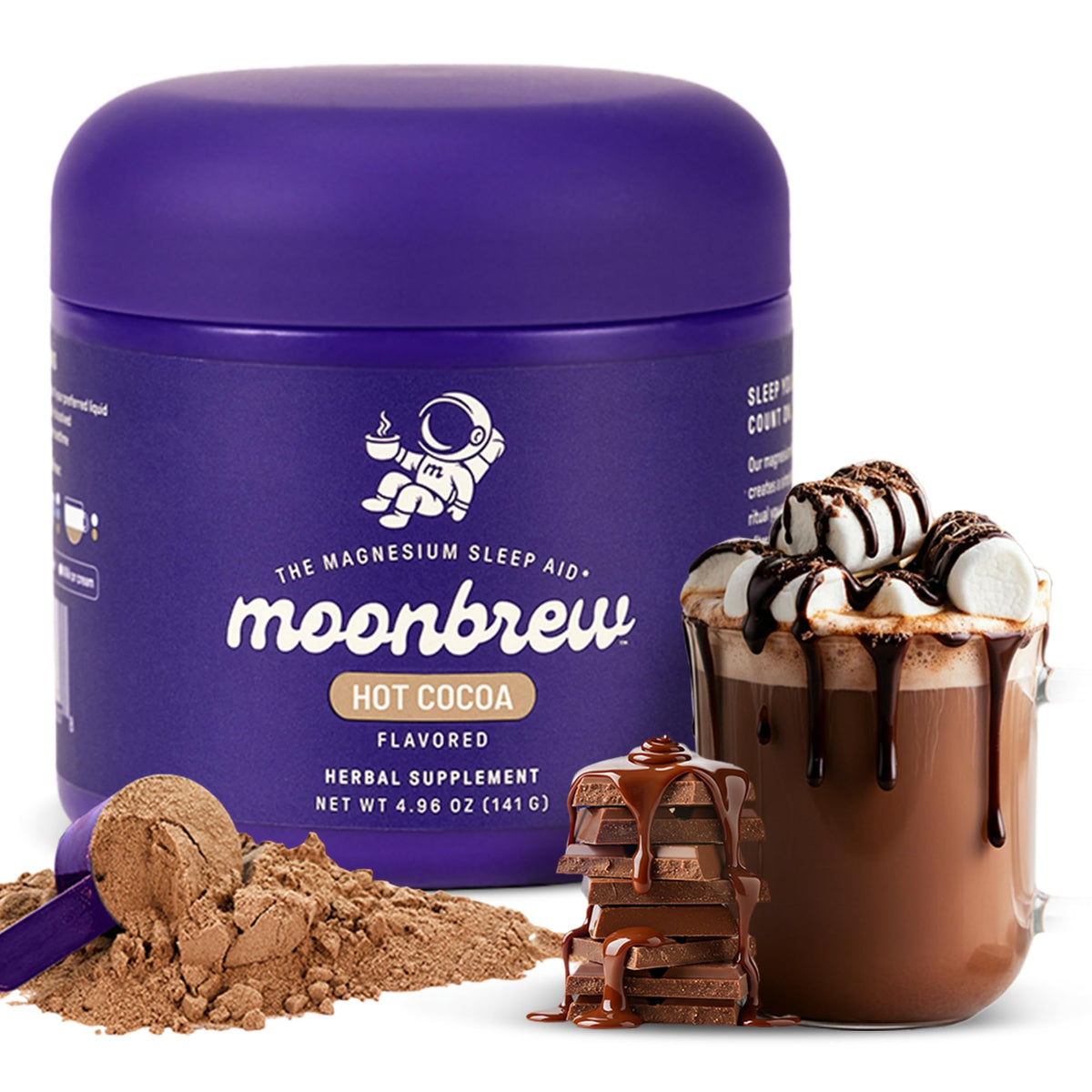 جرة شاي كاكاو MoonBrew الليلي بالماغنيسيوم، مزيج مشروب طبيعي للمساعدة على النوم للبالغين - دعم النوم المهدئ الخالي من الميلاتونين - مسحوق شوكولاتة ساخنة مهدئة مع إل-ثيانين والبابونج وغليسينات الزنك