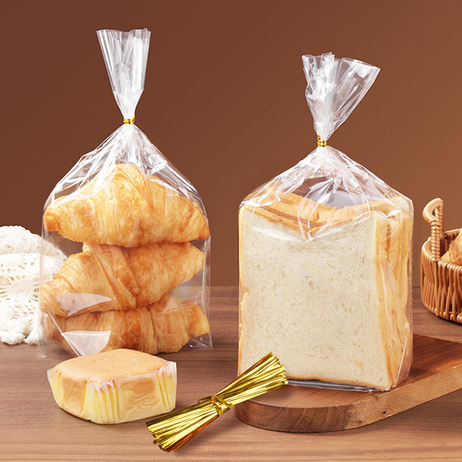 Vivinin 70 Pack Clear Bread Bags (8" x 4" x 18") & 100 Pack Ties - Reusable Plastic Storage Bags for Homemade Loaves, Bakers, and Bakery Owners