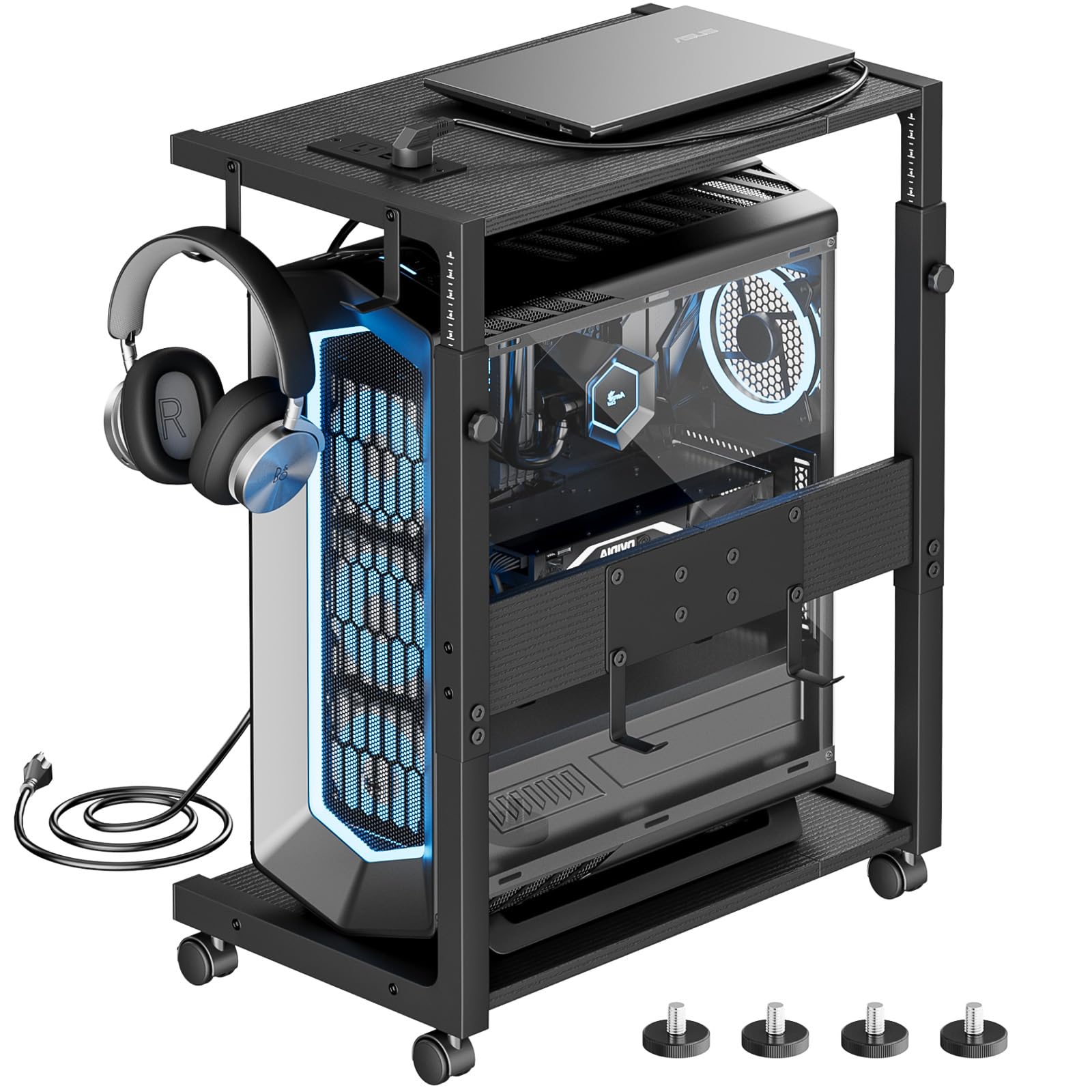 JANE EYRE Computer Tower Stand - Adjustable PC Tower Stand CPU Holder Cart with Charging Station for Office Home Classroom,23.03"-28.3" H, black