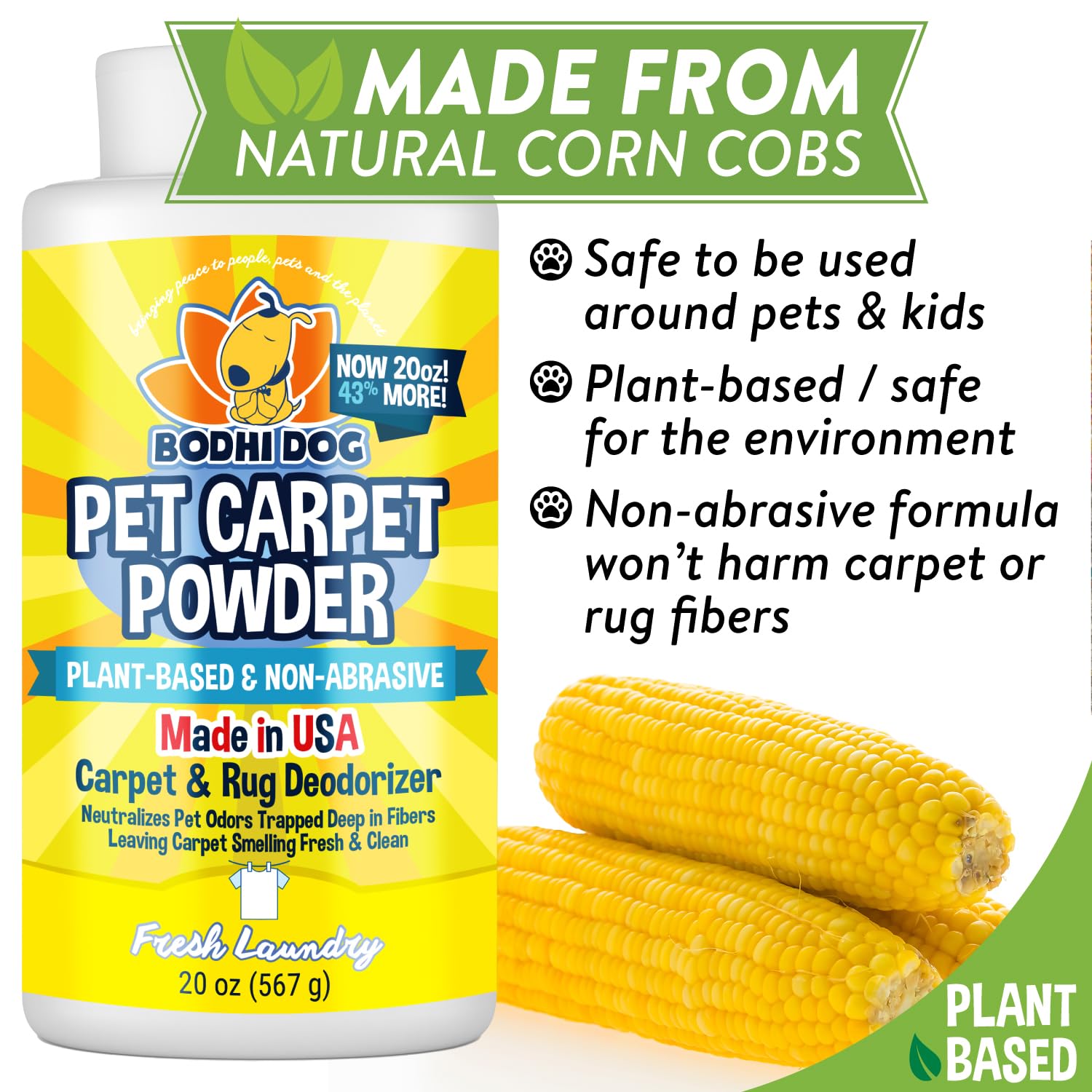 Bodhi Dog Natural Carpet Deodorizer Powder - Dry Pet Smell Eliminator & Urine Odor Remover - Loosens Fur & Dirt - Plant-Based Room Freshener for Vacuuming Home - Fresh Laundry (Pack of 1)