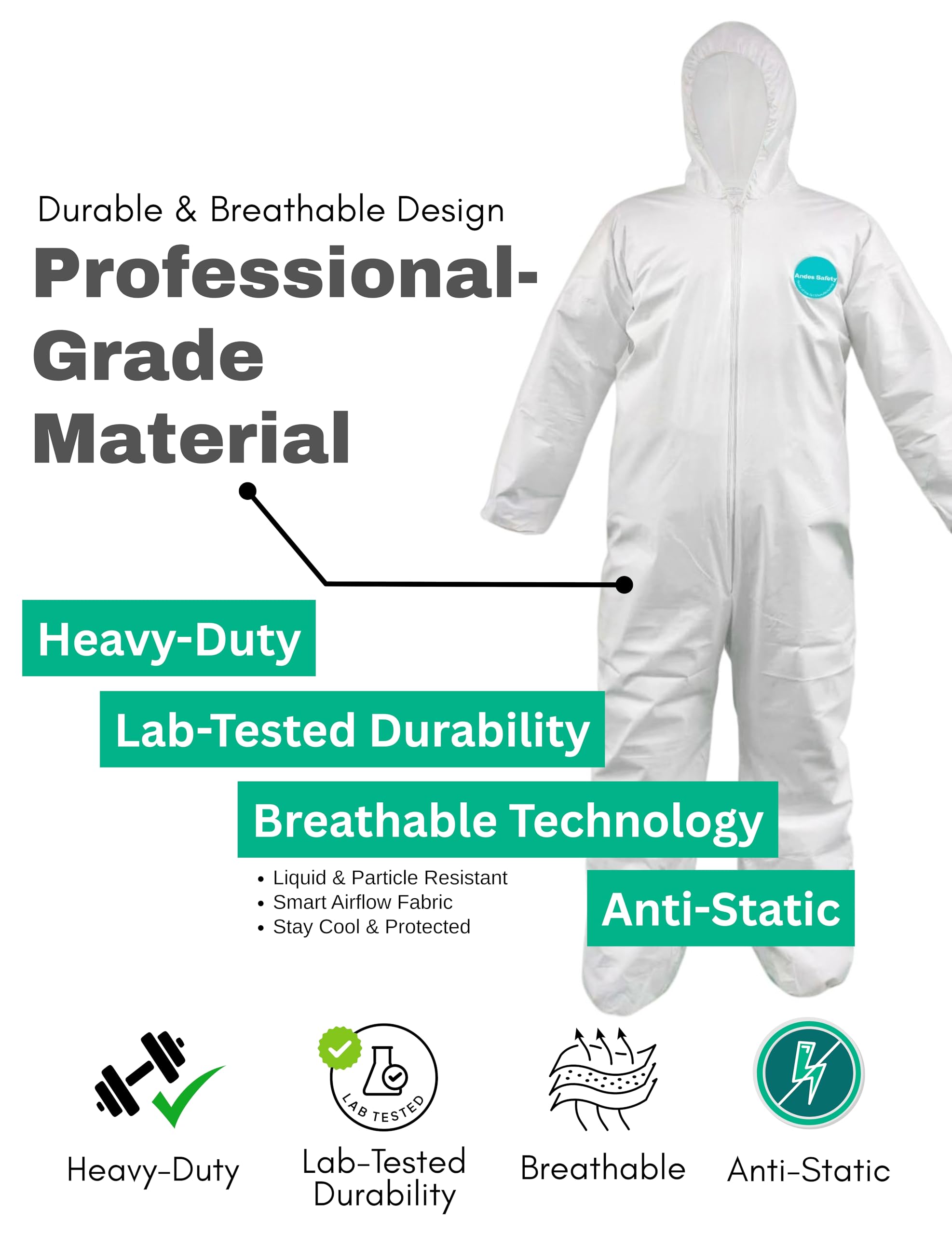 Andes Safety Hazmat Suits, Heavy Duty Full Body Disposable Paint Suits, Coveralls with Hood, Elastic Wrists and Ankles, Available in 10 Sizes, (Large)