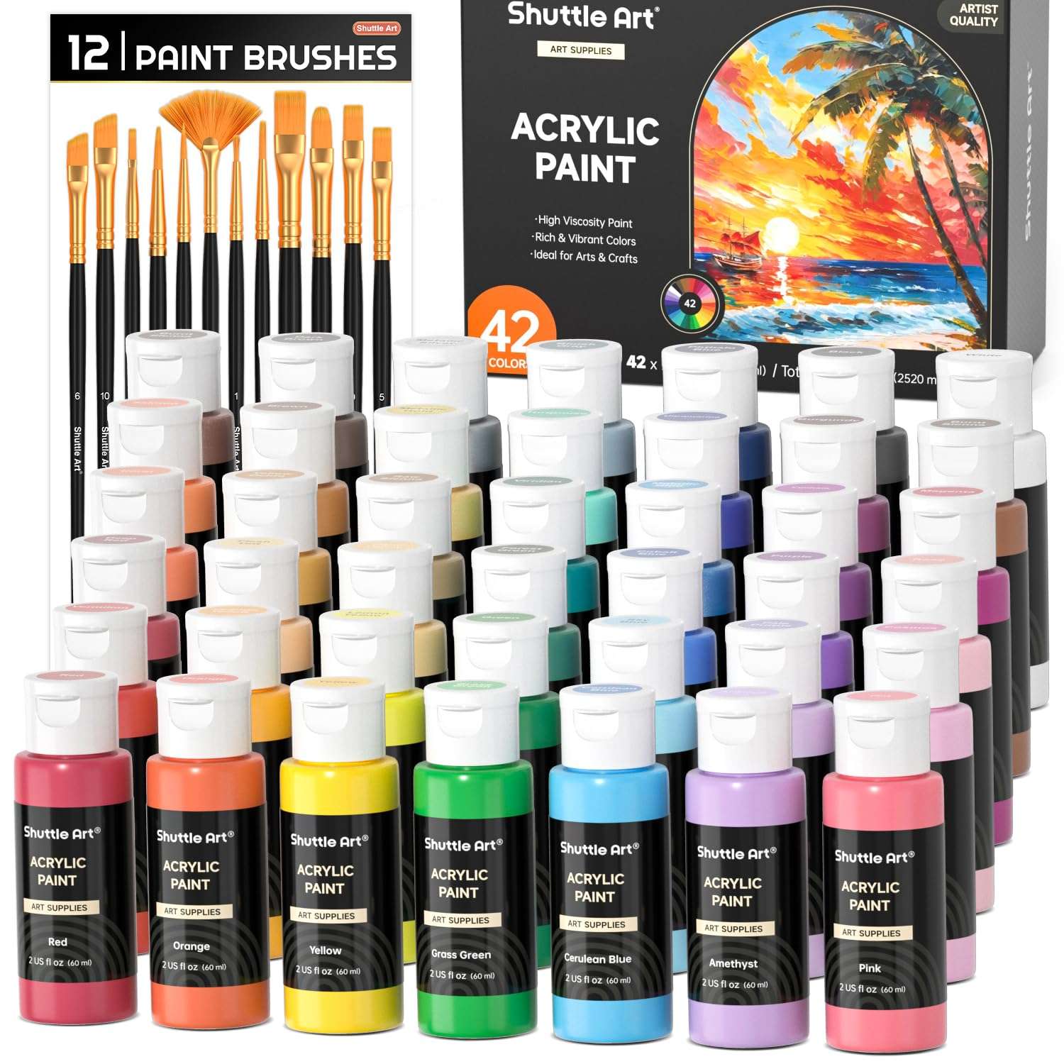 Shuttle Art Acrylic Paint, 50 Colors Acrylic Paint Set, 2oz/60ml Bottles, Rich Pigments, Water Proof, Premium Acrylic Paints for Artists, Beginners and Kids on Canvas Rocks Wood Ceramic Fabric