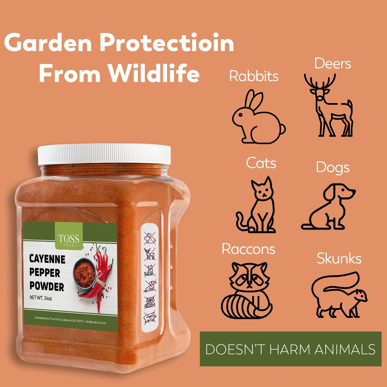 TOSS Cayenne Pepper Powder Bulk 40,000 Heat Units 34 Oz, Garden Protection from Wildlife Ground - Cayenne Powder - Red Pepper Powder Spice for Home and Commercial Cooking