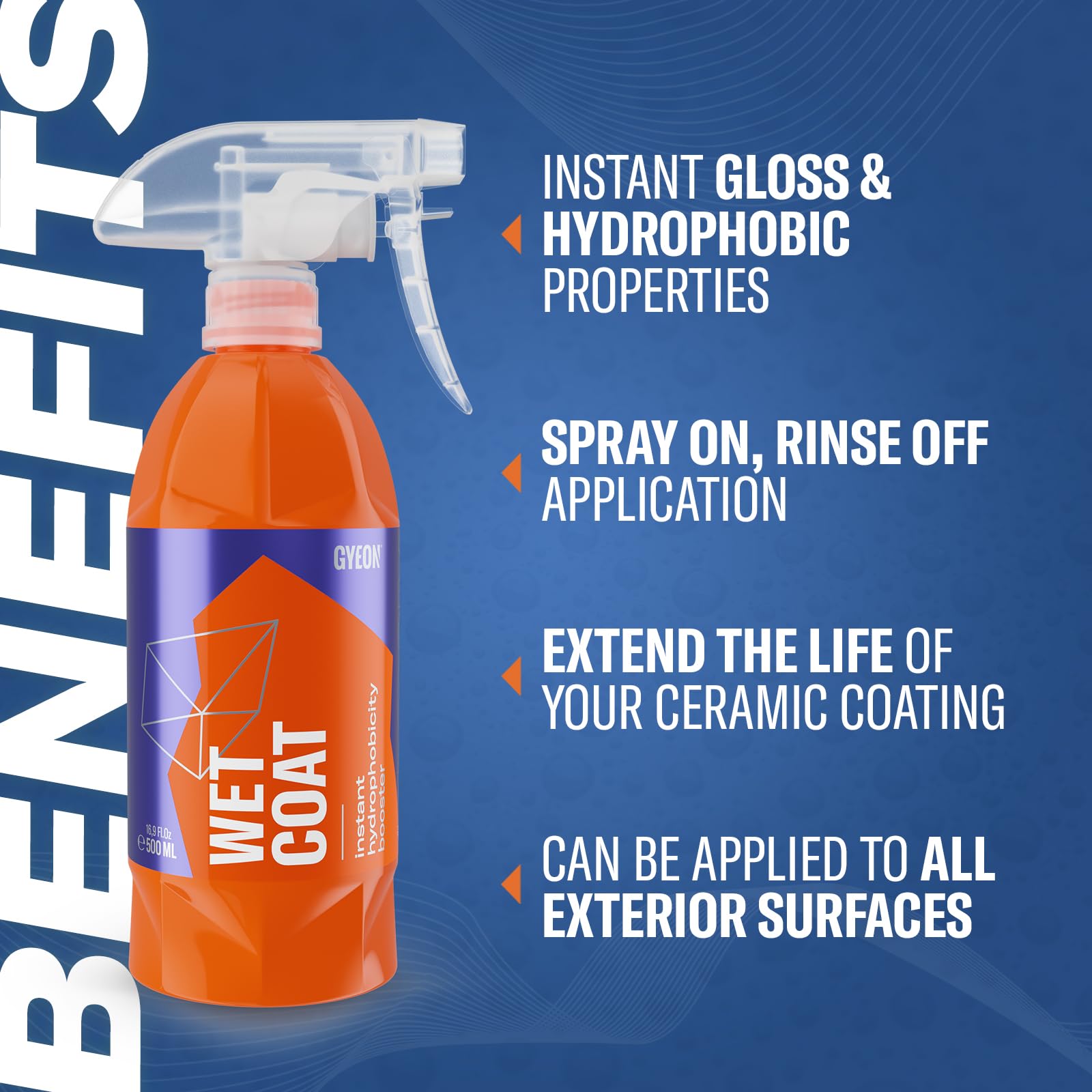 GYEON Wet Coat 500ml - Hydrophobic Ceramic Spray Coating for Cars - High Gloss Solutions for Your Car Paint Wheels and Glass - Spray On Rinse Off Easy DIY Use Formula