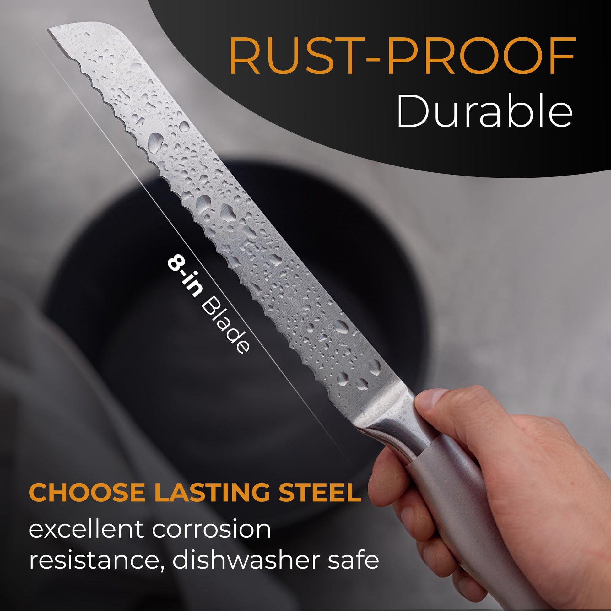 Orblue Serrated Bread Knife with Upgraded Stainless Steel Razor Sharp Wavy Edge Width - Bread Cutter Ideal for Slicing Homemade Bagels, Cake (8-Inch Blade with 5-Inch Handle)