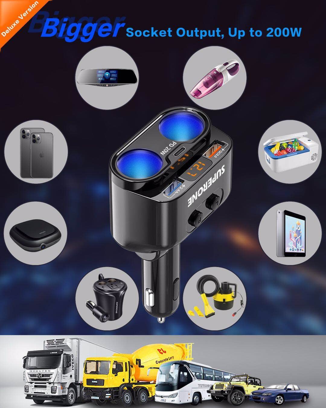 SUPERONE 200W 2-Socket Cigarette Lighter Splitter Power Adapter, USB C Car Charger with 20W Power Delivery 3.0 & QC 3.0 for iPhone 17/16 Pro Max/15/14/13/12/11 Pro/X/8, Samsung, Google Pixel and More