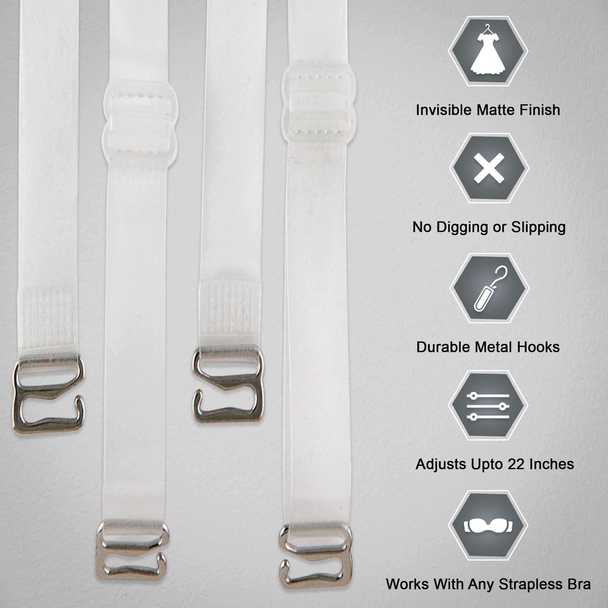 Fashion First Aid Clearly Gone Invisible Clear Bra Straps for Women – 3/4 Inch Wide with Metal Hooks – Adjustable Transparent Strap Pair for Strapless and Convertible Bras