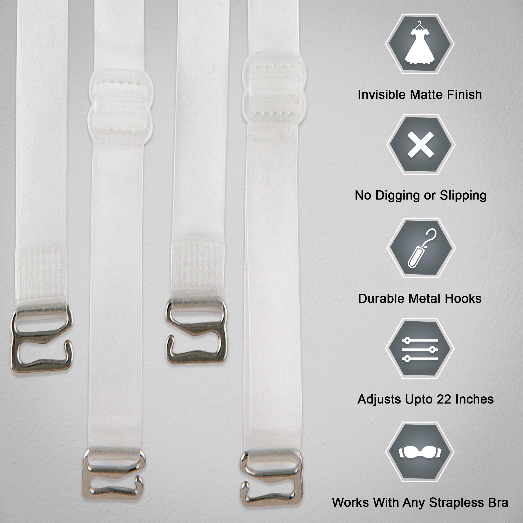 Fashion First Aid Clearly Gone Invisible Clear Bra Straps for Women – 3/4 Inch Wide with Metal Hooks – Adjustable Transparent Strap Pair for Strapless and Convertible Bras