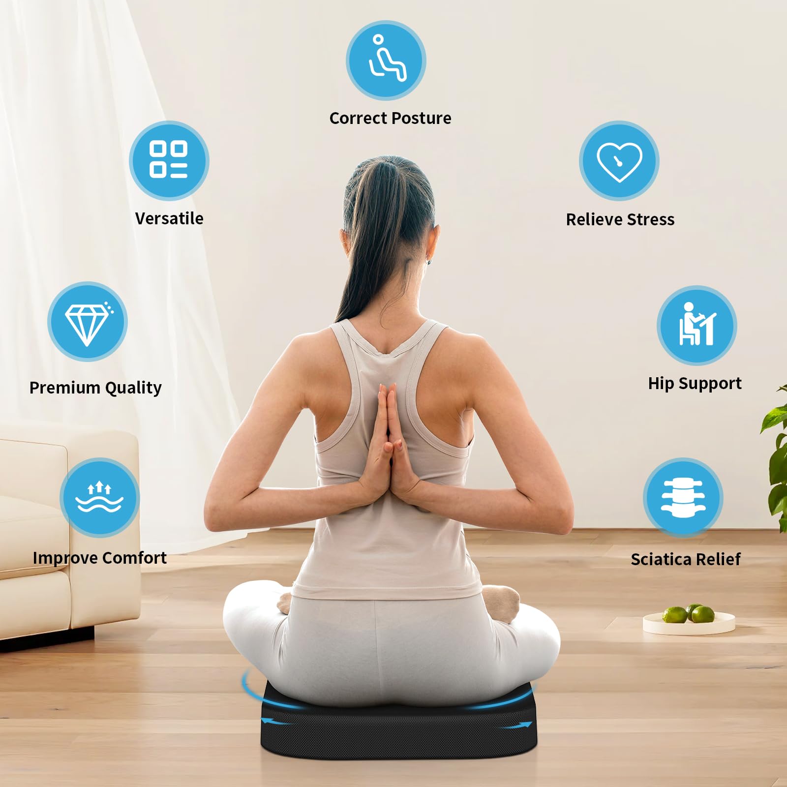 TranquilRelax Large Seat Cushion, Soft Foam Cushion for Long Sitting Hours on Office Chair, Home & Car, Non-Slip Chair Pad for Relieving Back & Sciatica & Hip & Coccyx Pain (Black)