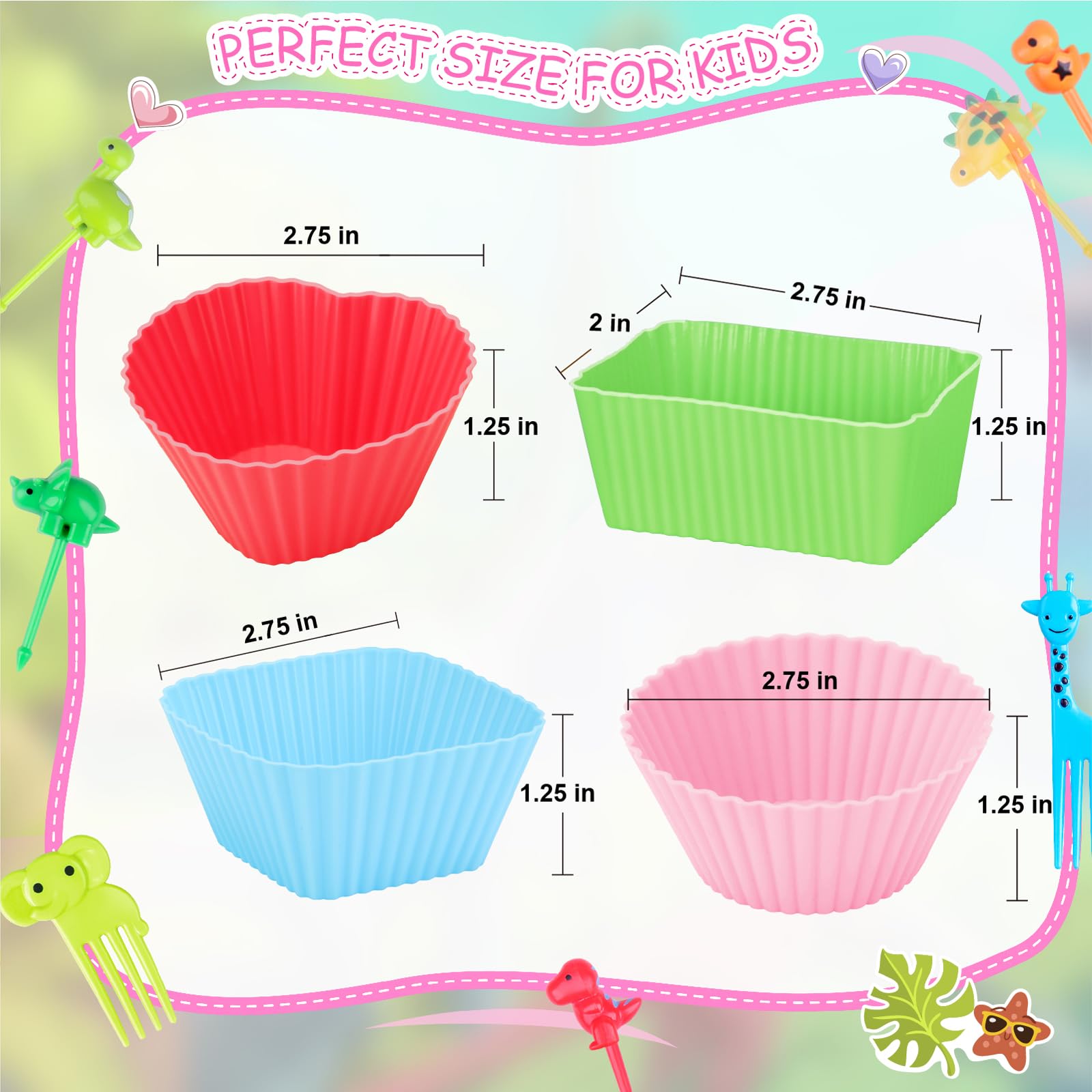 100PCS Silicone Lunch Box Dividers for Kids Lunch Accessories Set, Including 24 Reusable Silicone Cupcake Liners Baking Muffin Cups with 76 Animal Food Picks for Kids, Lunchbox Bento Box Accessories