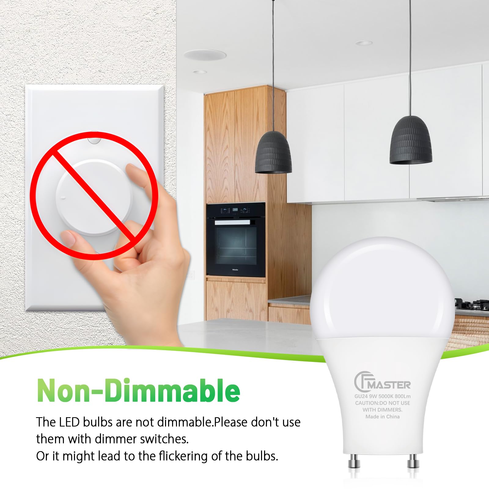 CFMASTER GU24 LED Light Bulb, 5000K Daylight, 9W(100W Equivalent), 800 Lumens, A19 Shape GU 24 LED Bulbs, Twist and Lock GU24 Pin Base with Two Prongs, Non-Dimmable, UL ETL Certificated(4-Pack)