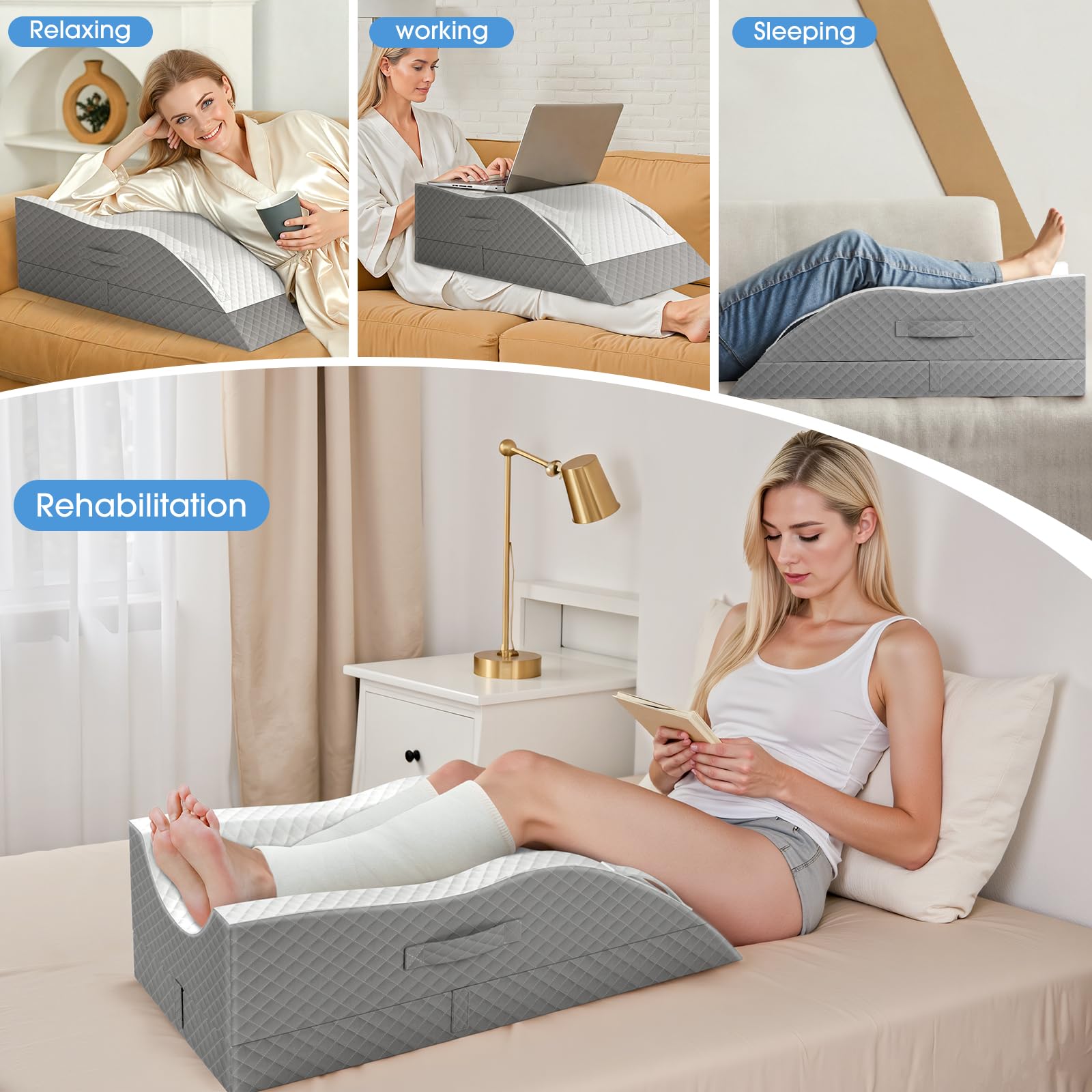 TranquilRelax Elevation Pillows for Leg After Surgery, Memory Foam Adjustable Leg Wedge Pillow for Injury or Rest, Ankle Pillow for Sleeping Blood Circulation Grey