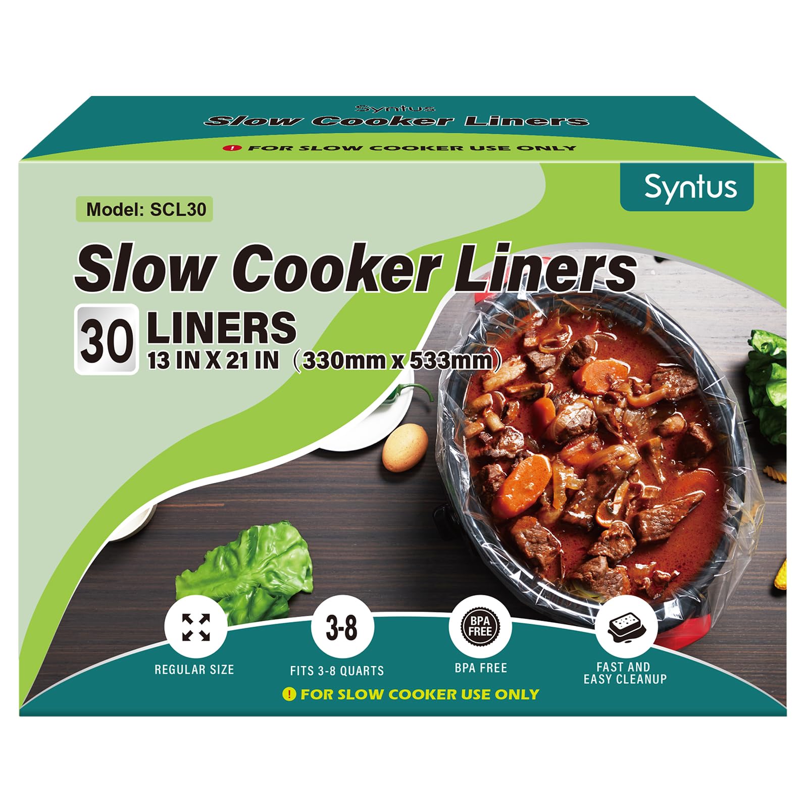 Syntus Slow Cooker Liners, 30 Count Cooking Bags Large Size Disposable Pot Liners Plastic Bags, Fit 3QT to 8QT for Slow Cooker Cooking Trays, 13"x 21", 30 Liners