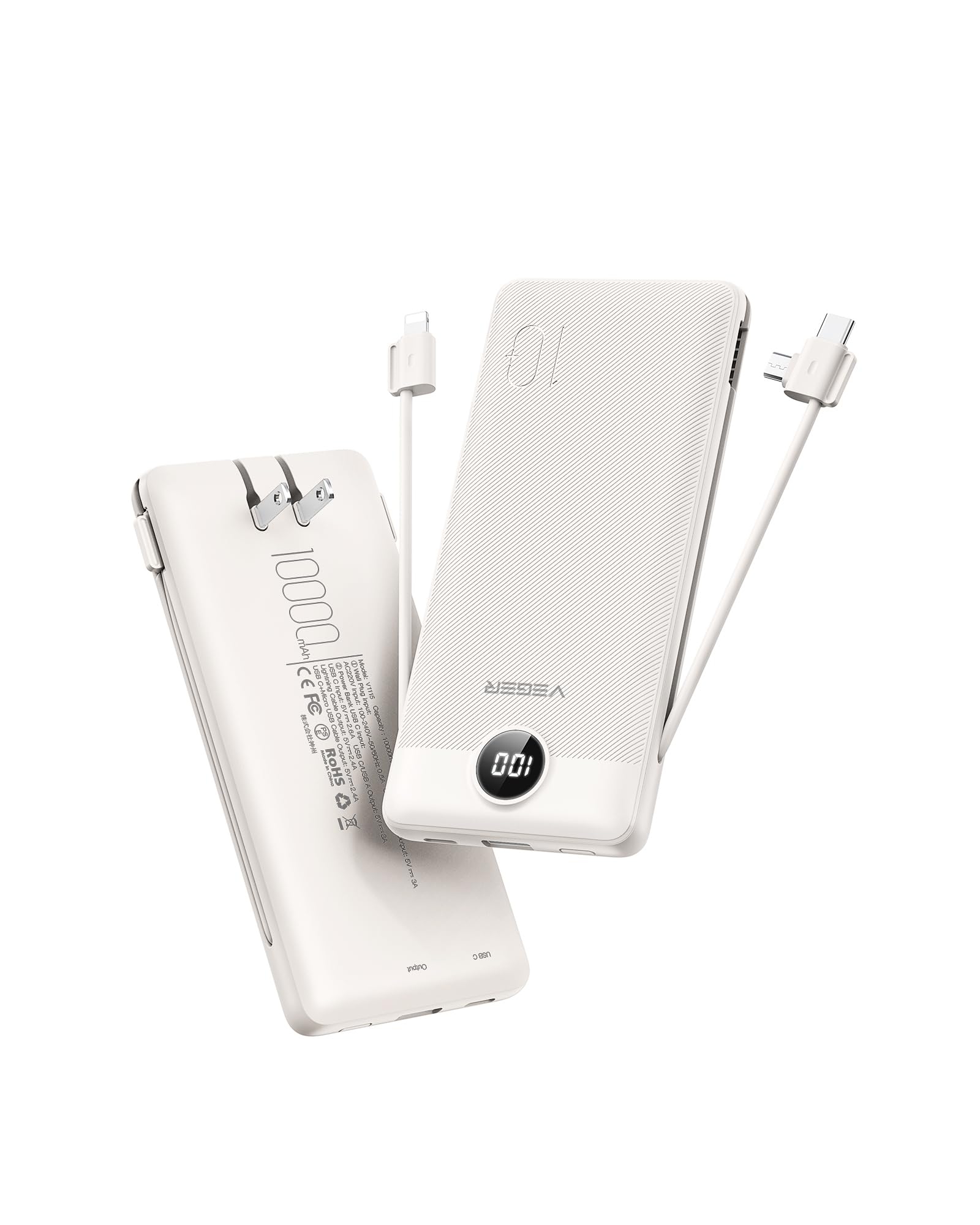 VEGER Portable Charger for iPhone with Built in Cables and Wall Plug, 10000mah Slim Fast Charging USB C Power Bank, Travel Essential Battery Pack Compatible with iPhone, iPad, Samsung etc(Navy)