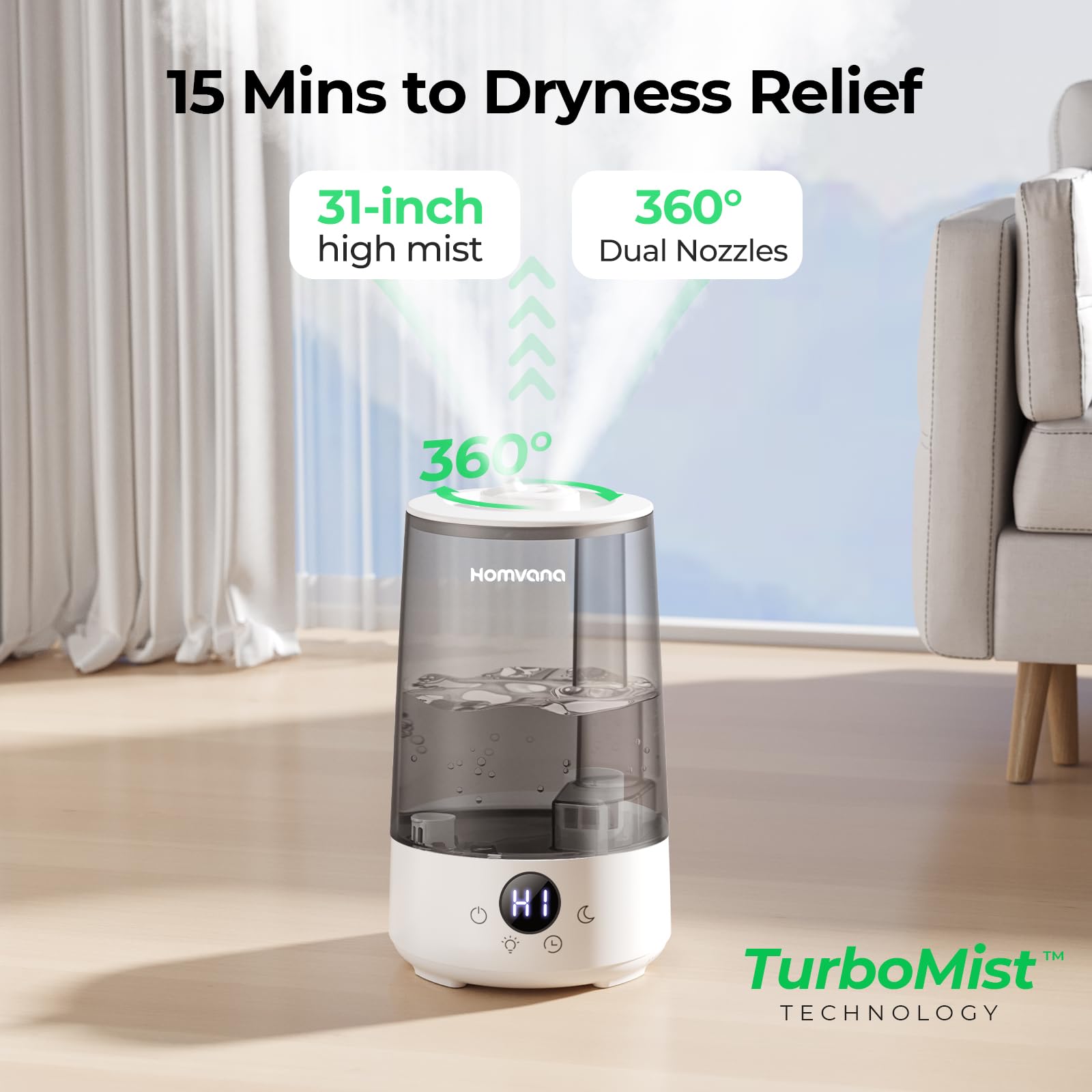 Homvana Humidifiers for Bedroom Home, 3.6 L Cool Mist Top-Fill 34H Super Long Time, Quiet 23dB, Baby Humidifier, Oil Diffuser for Large Room, Plants, Nursery, Office BPA FREE, 7 Color Light Ultrasonic