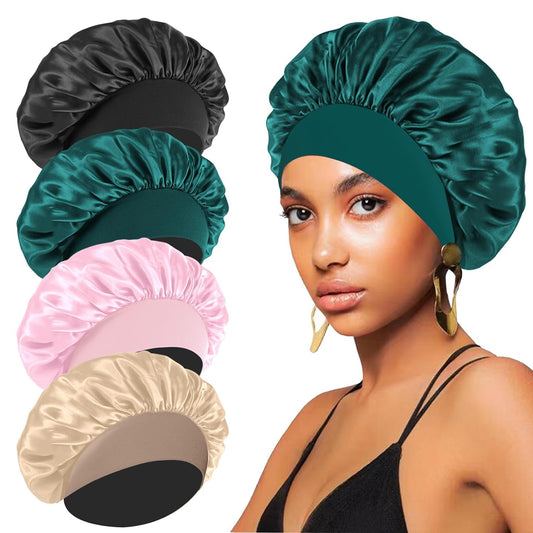 4PCS Silk Bonnet for Sleeping,Hair Satin Bonnets for Black Women Men,Hair Wrap Cap for Curly Hair,Elastic Wide Band Hair Bonnet Shower Cap for Sleeping (Black & Peacock Blue & Pink & Khaki)