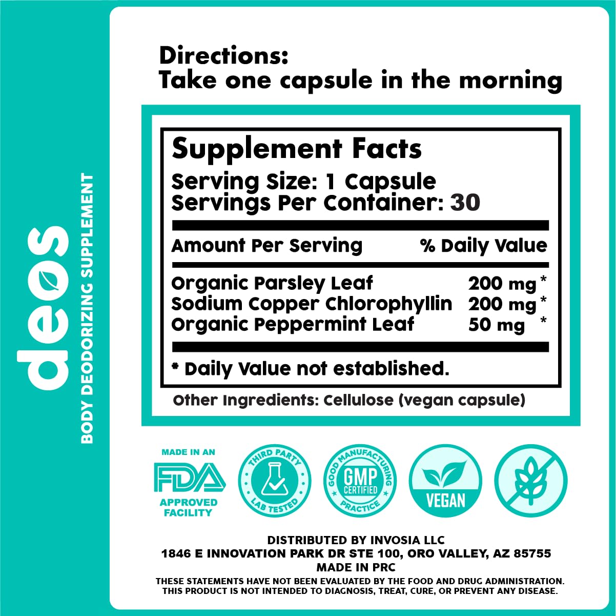 DEOS Internal Deodorant Supplement – Full Body Deodorizer for Gut Health, Skin Health, Detox & Digestion Support – Natural Odor Control Chlorophyll Pills for Head-to-Toe Freshness | 30 Capsules