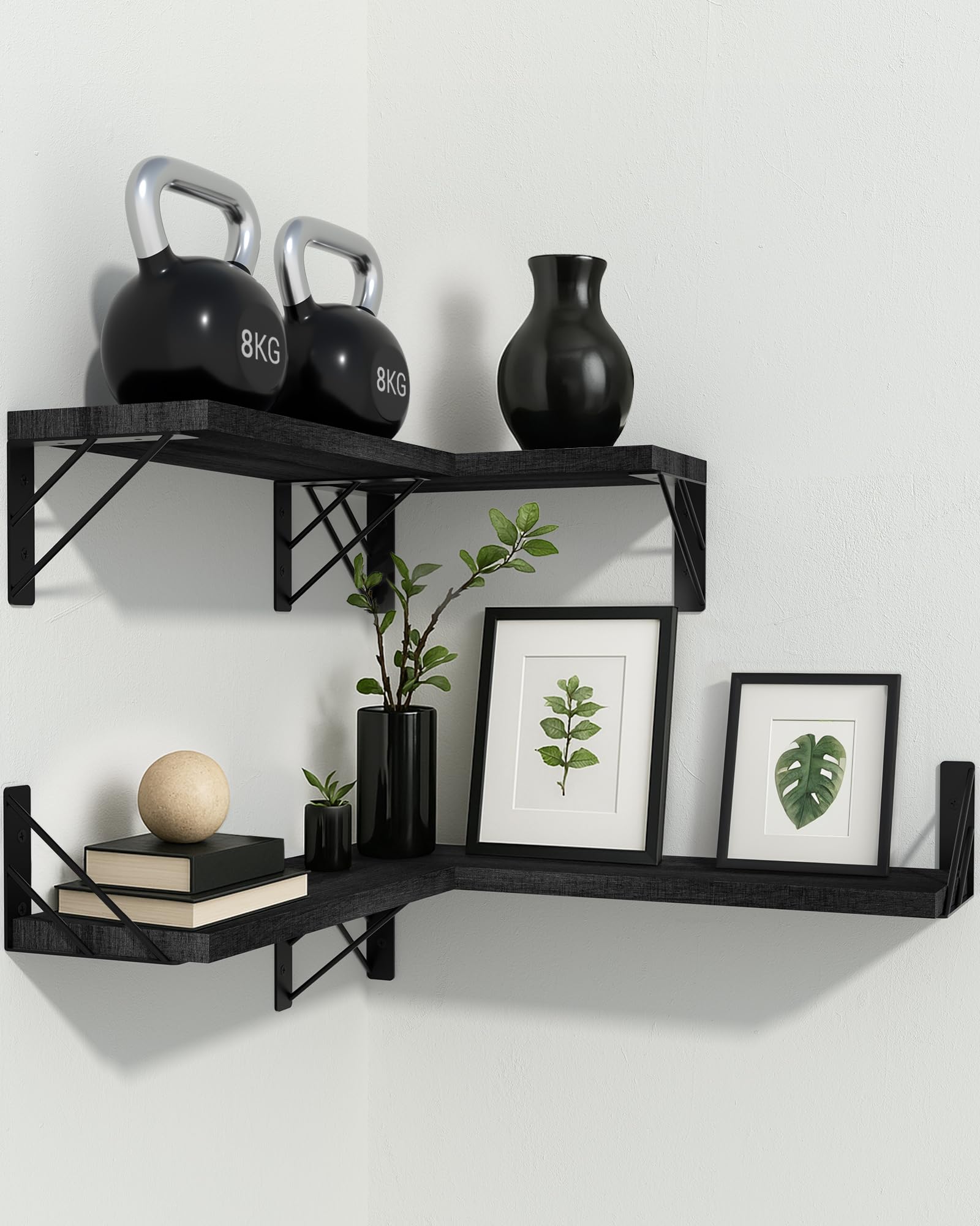 BAYKA Wall Shelves for Bedroom Decor, Floating Shelves for Wall Storage, Display Mounted Rustic Wood Shelf for Books,Plants,Corner Shelves for Bathroom,Kitchen,Living Room(Set of 4)