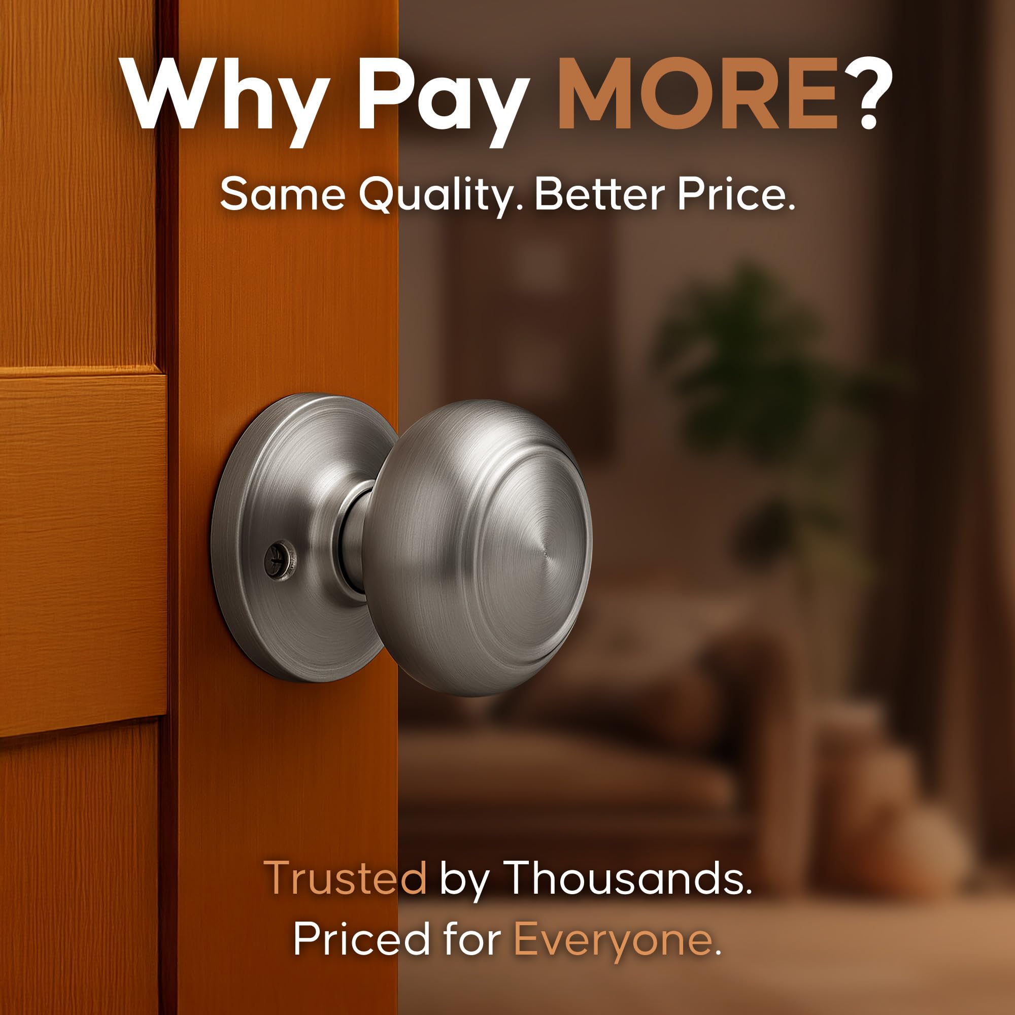 Copper Creek Colonial Passage Interior Door Knob – ANSI Grade-3 Certified, Modern Heavy Duty Handle, Easy Install and Reversible for Bedroom, Bathroom and Closets – Satin Stainless (1 Pack)