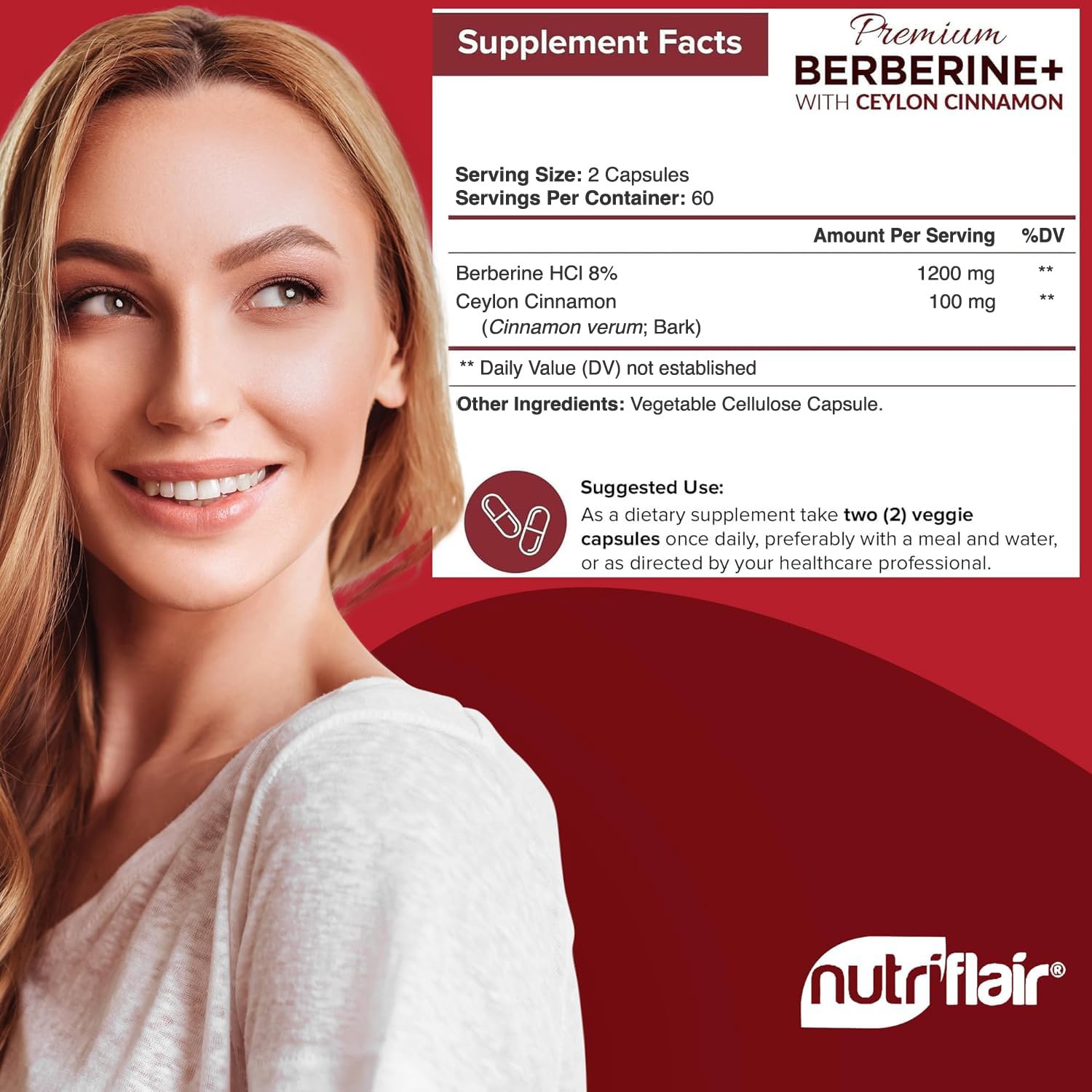 NutriFlair Premium Berberine HCL 1200mg, 120 Capsules - Plus Pure True Ceylon Cinnamon, Berberine HCI Root Supplements Pills - Immune System - yields an Optimal 8% HCl