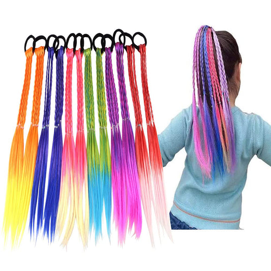 Colored Braids Hair Extensions with Rubber Bands Rainbow Braided Synthetic Hairpieces Ponytail Hair Accessories for Women Kids Girls Party Highlights Cosplay Dress Up (12PCS A Style)