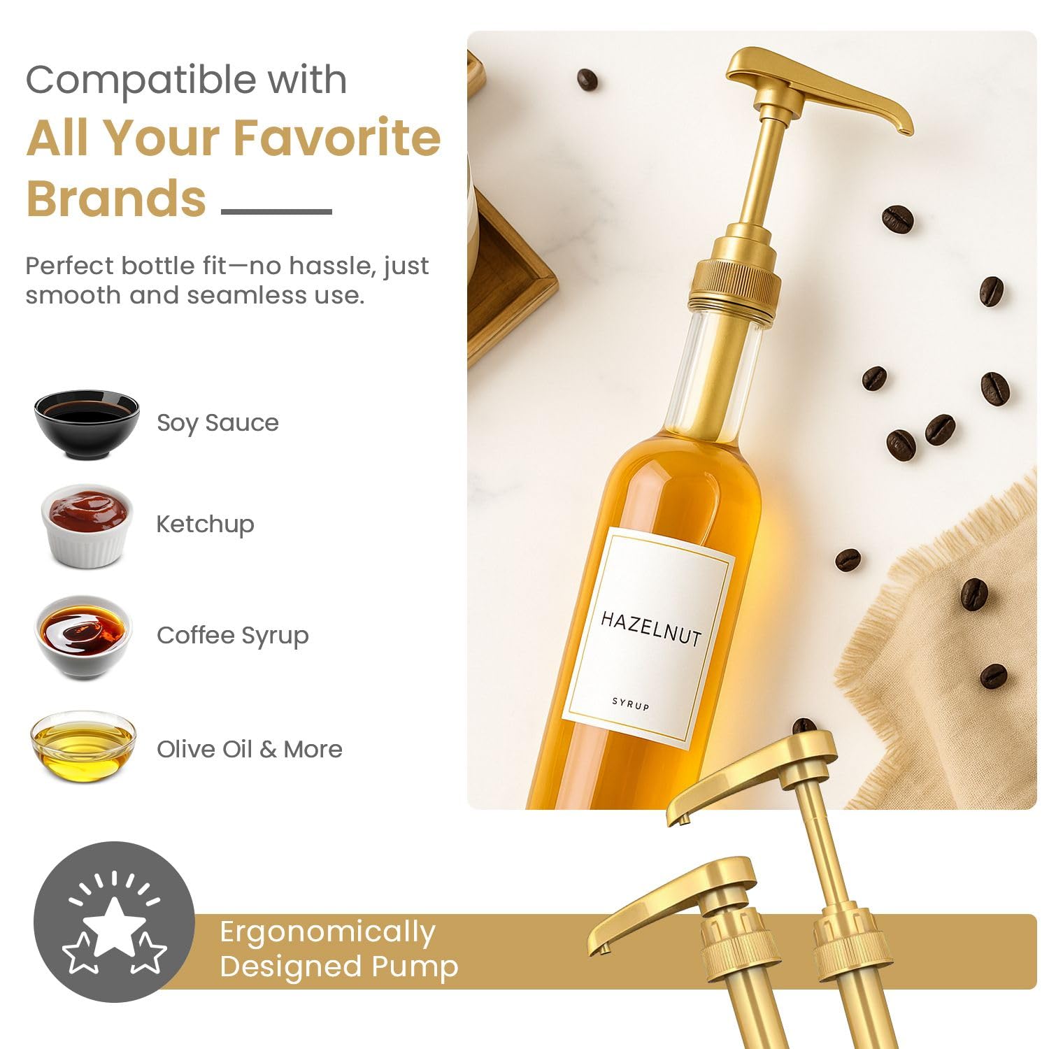 Syrup Pump for Coffee Syrup Bottles – 4-Pack Dispenser Pumps Fits 750ml / 25.4 oz Flavoring Syrup Bottles – Compatible with Torani, Monin & More – Gold Coffee Syrup Dispenser Pump for Home & Cafe Use